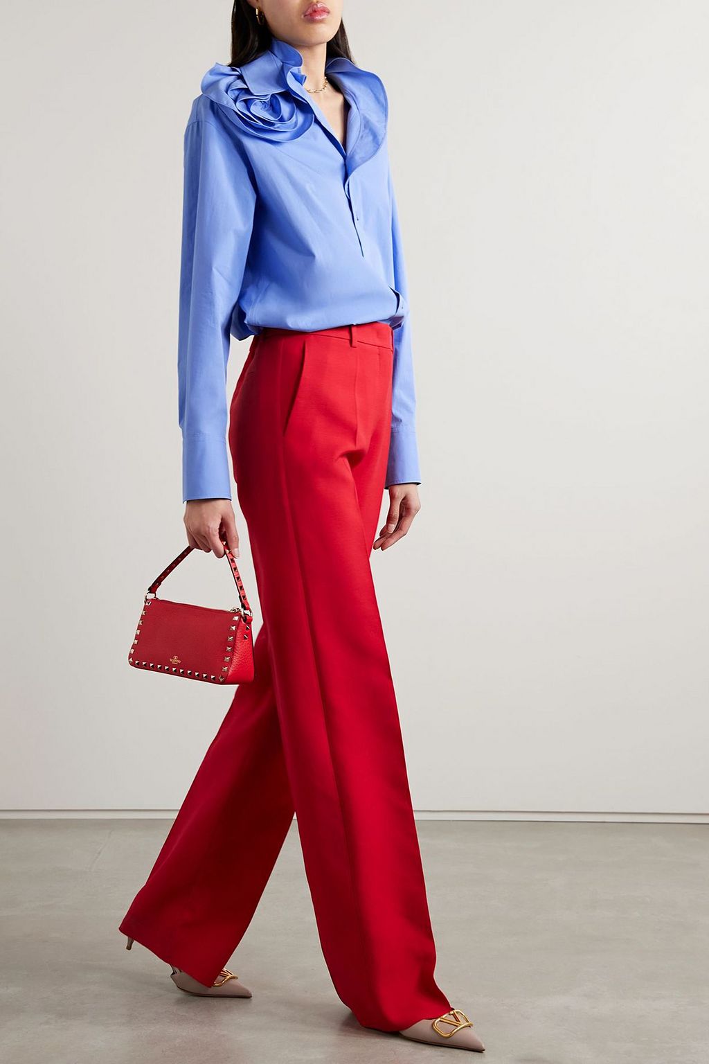 VALENTINO GARAVANI Appliquéd silk-trimmed cotton-poplin shirt