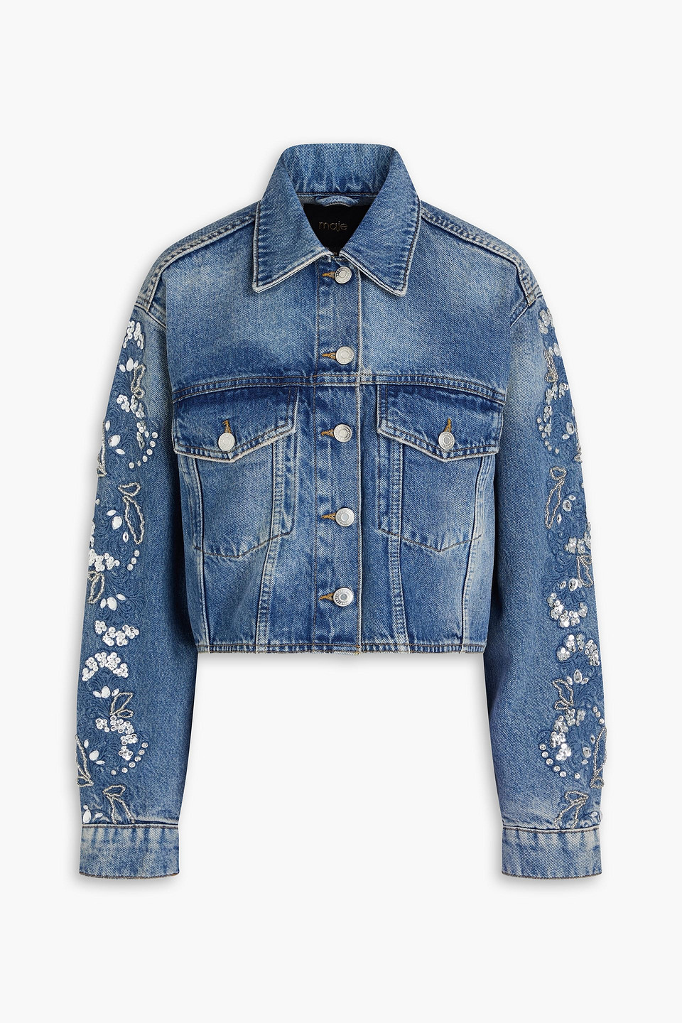 Maje Cropped Embellished Denim Jacket In Multi