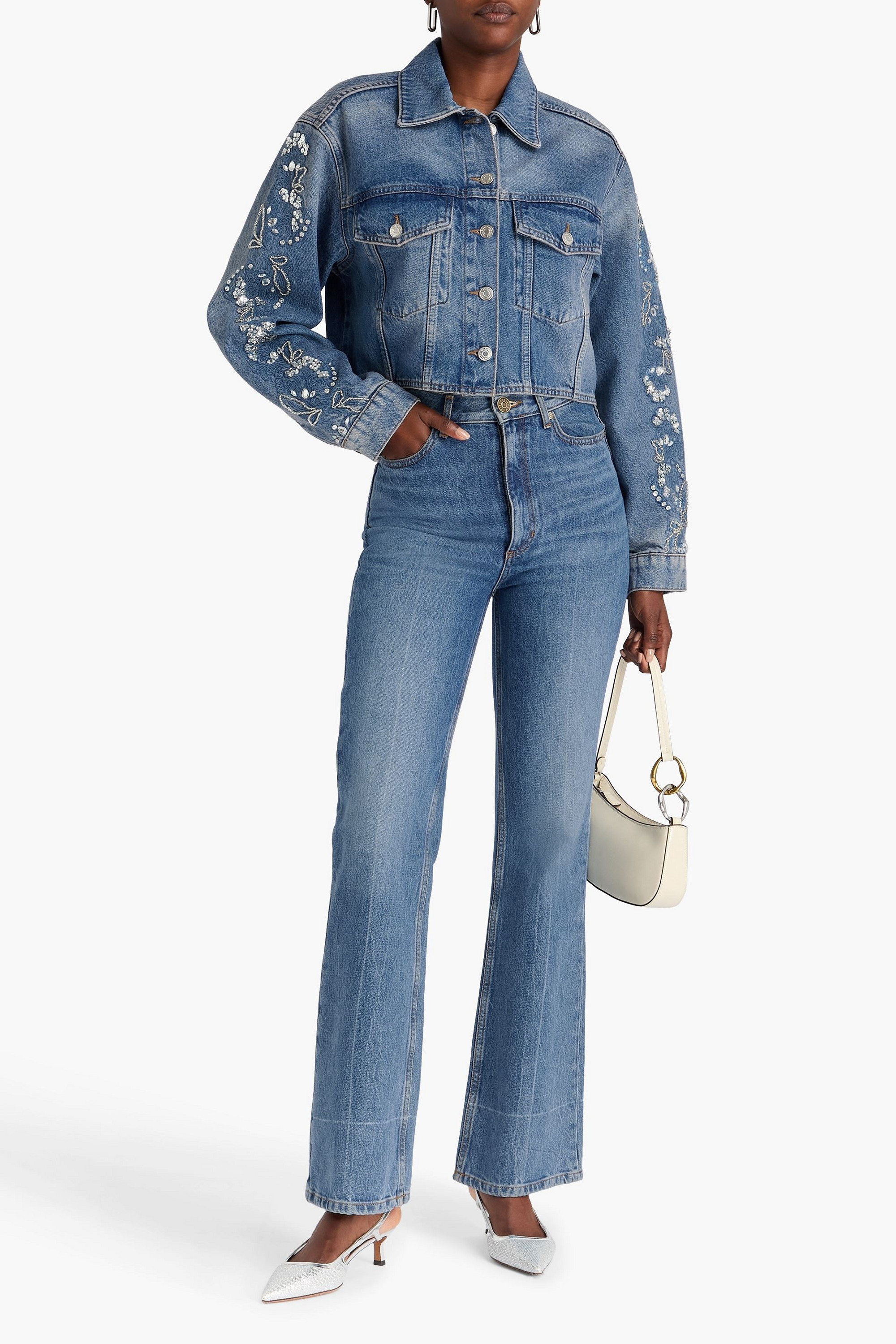 MAJE Cropped embellished denim jacket