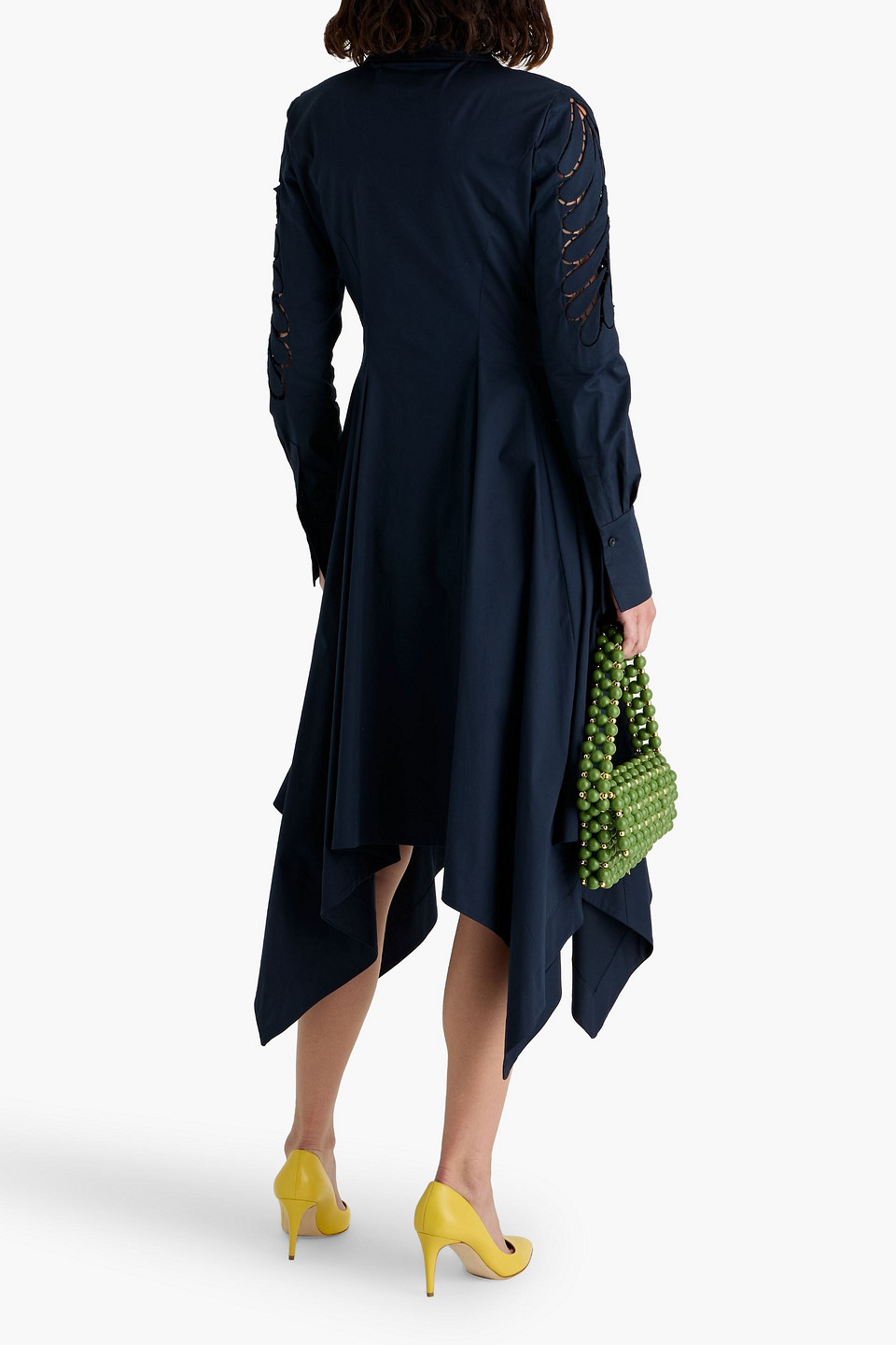 Oscar De La Renta Pleated Lattice-trimmed Cotton-blend Poplin Midi Shirt Dress In Blue