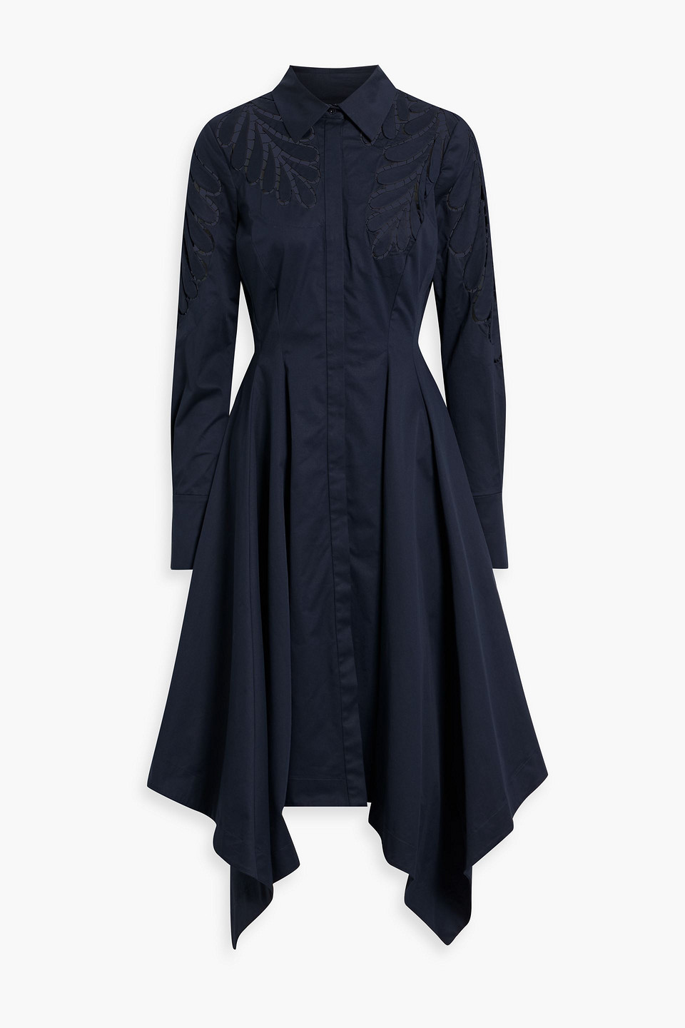 Oscar De La Renta Pleated Lattice-trimmed Cotton-blend Poplin Midi Shirt Dress In Blue