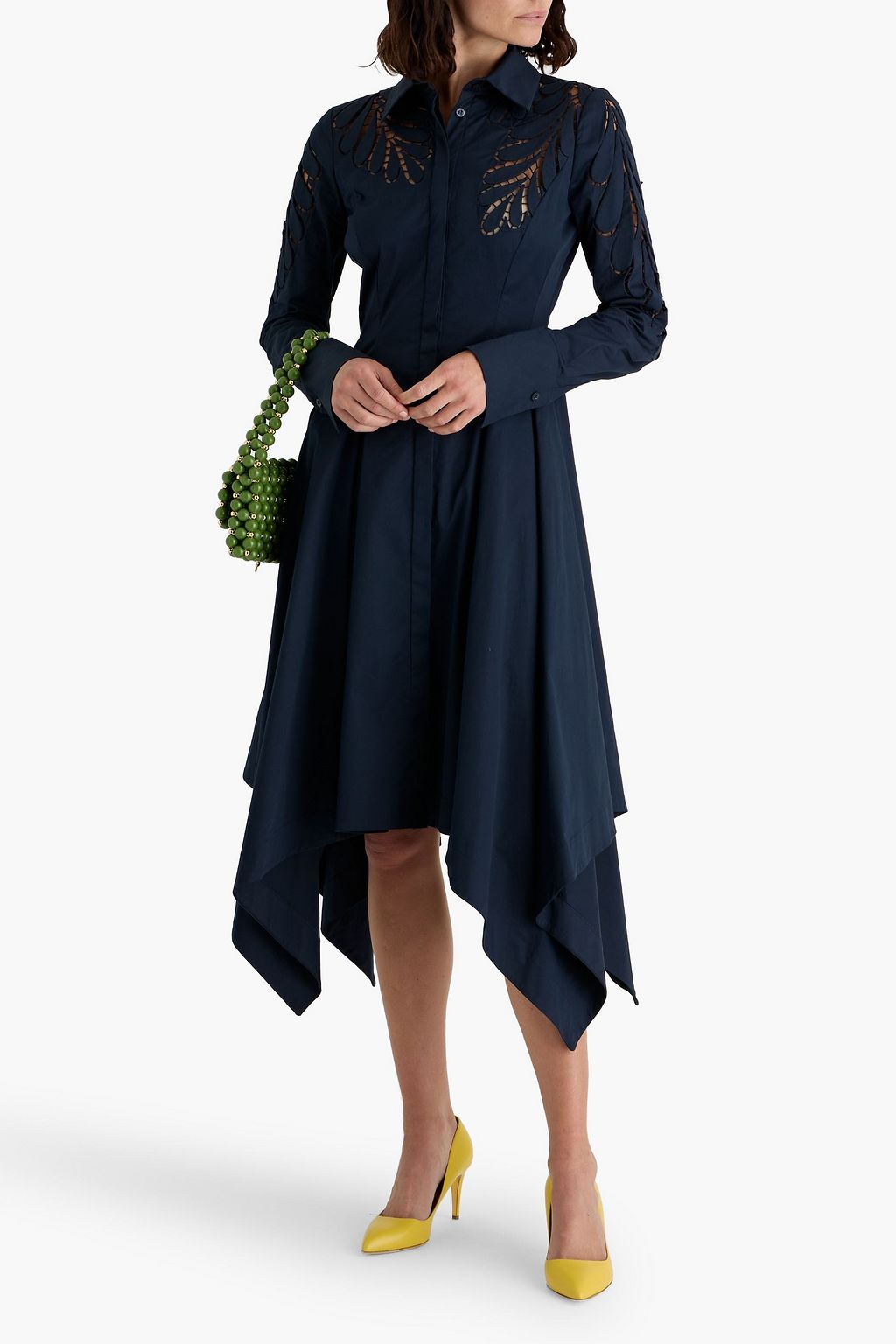 OSCAR DE LA RENTA Pleated lattice-trimmed cotton-blend poplin midi shirt dress