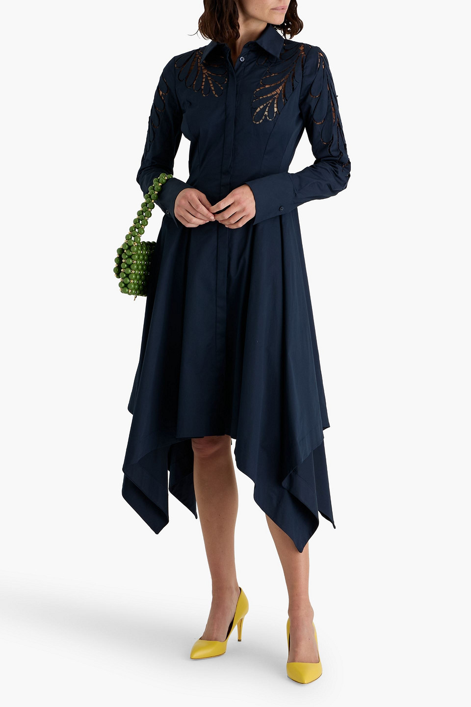 Oscar De La Renta Pleated Lattice-trimmed Cotton-blend Poplin Midi Shirt Dress In Blue