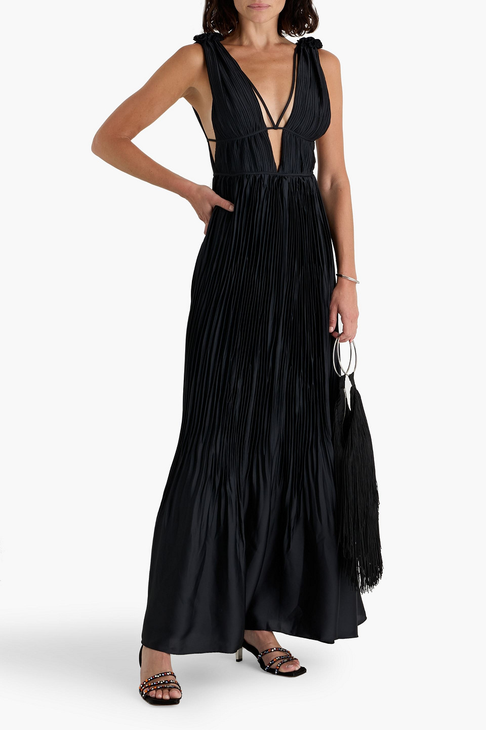 Simkhai Ostara Plissé-satin Gown In Black