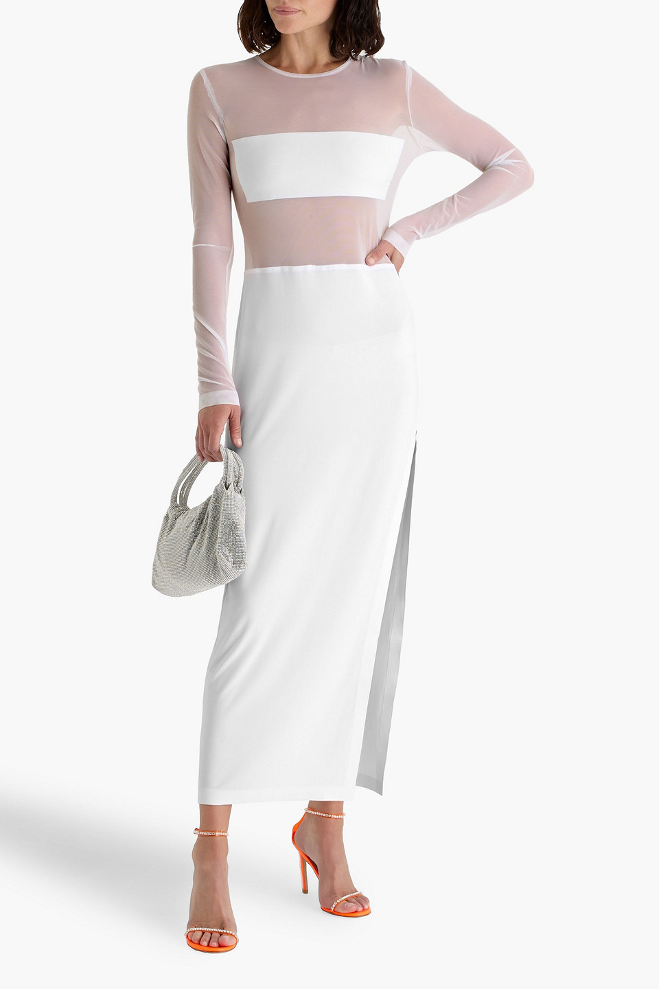 Norma Kamali Dash Dash Mesh-paneled Stretch-knit Gown In White