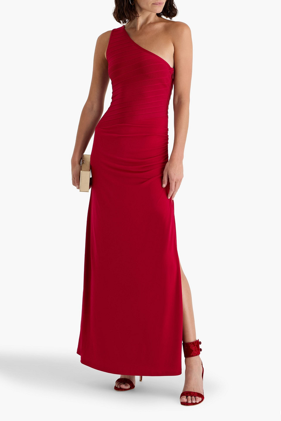 Herve Leger Camellia One-shoulder Bandage And Stretch-jersey Gown In Red