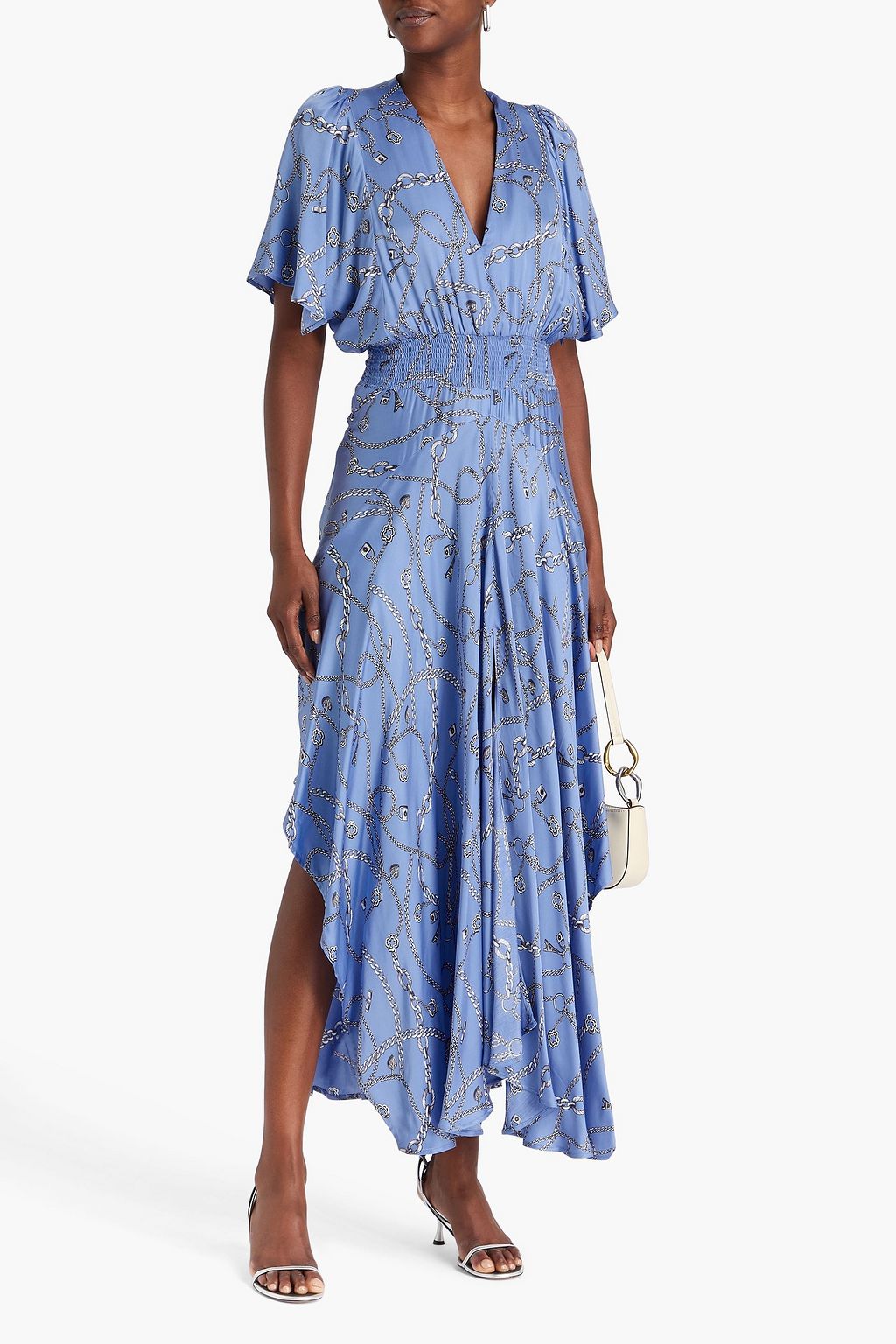 MAJE Shirred printed satin maxi dress