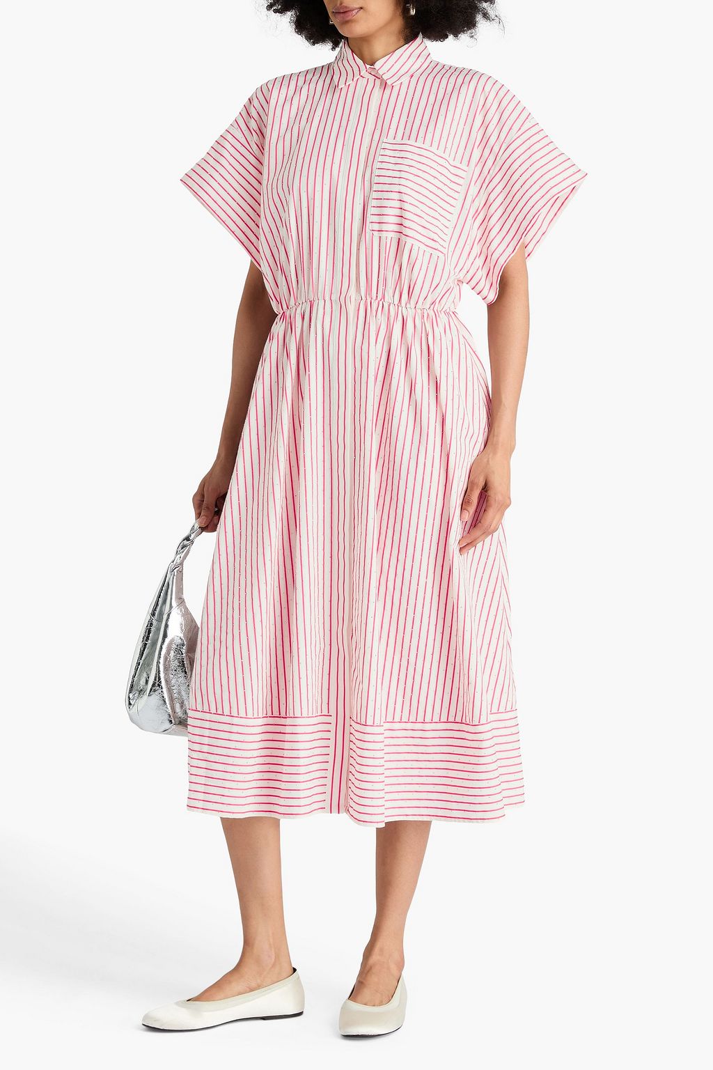 MAJE Crystal-embellished striped jacquard midi shirt dress