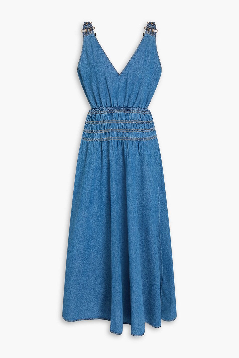 Maje Embellished Cutout Denim Midi Dress In Blue