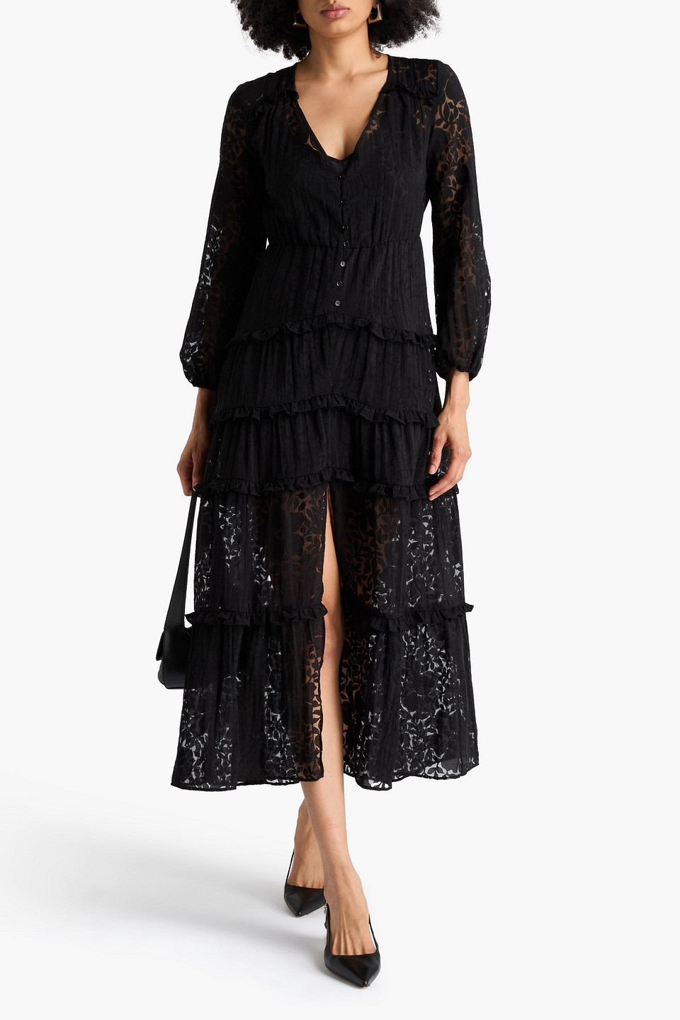  Maje - Midikleid Aus Devoré-organza Mit Rüschen - Schwarz - Fr 34 