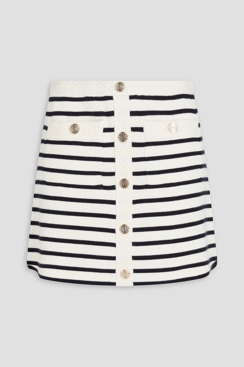 Maje Embellished Striped Knitted Mini Skirt In White