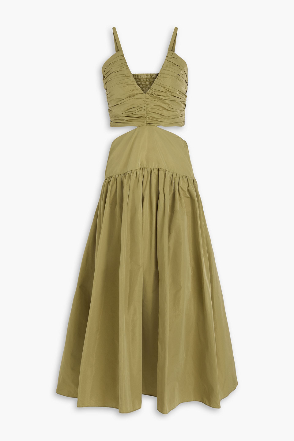 maje - ruched cutout taffeta midi dress - green - fr 40