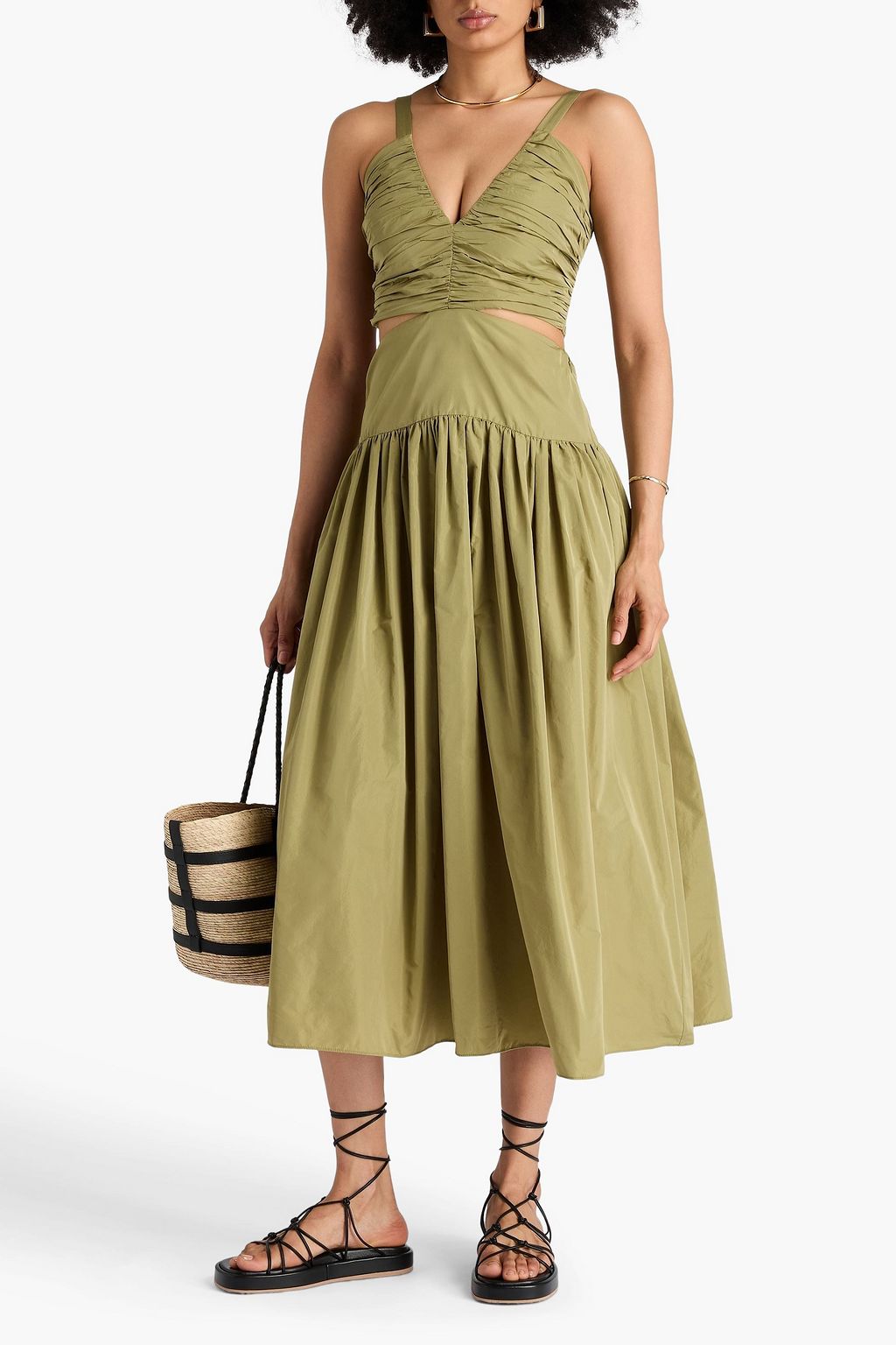 MAJE Ruched cutout taffeta midi dress