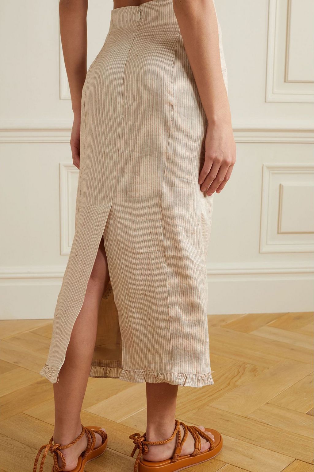 JOSLIN Eden ruffled striped linen and silk-blend midi skirt