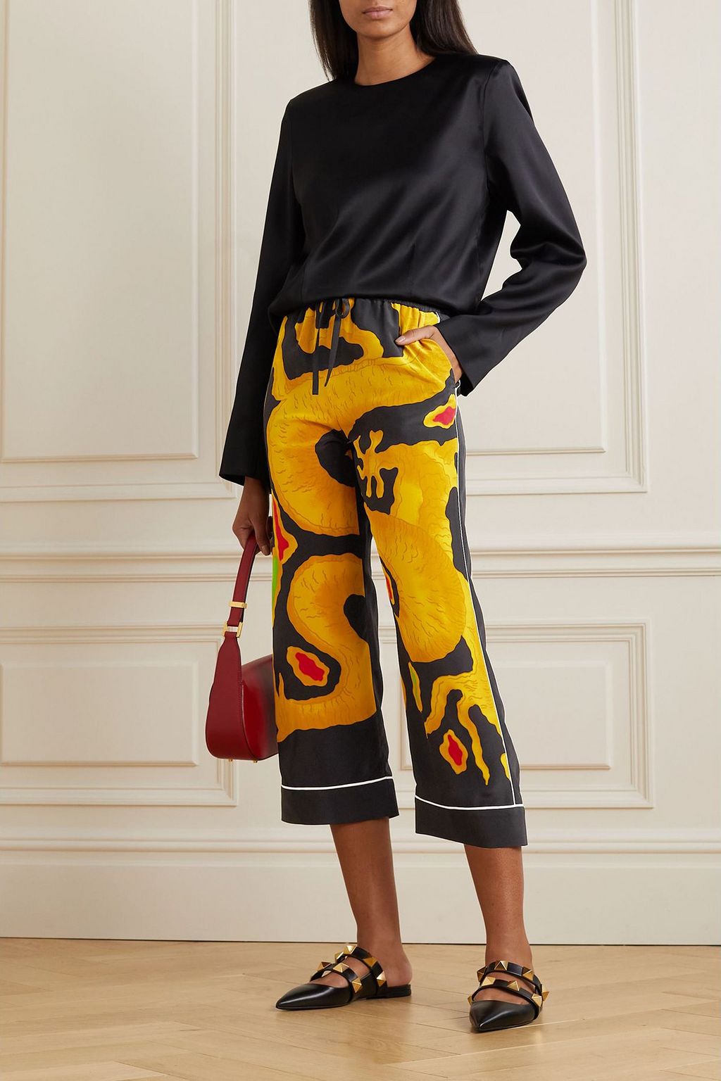 VALENTINO GARAVANI Dragon cropped printed silk crepe de chine straight-leg pants