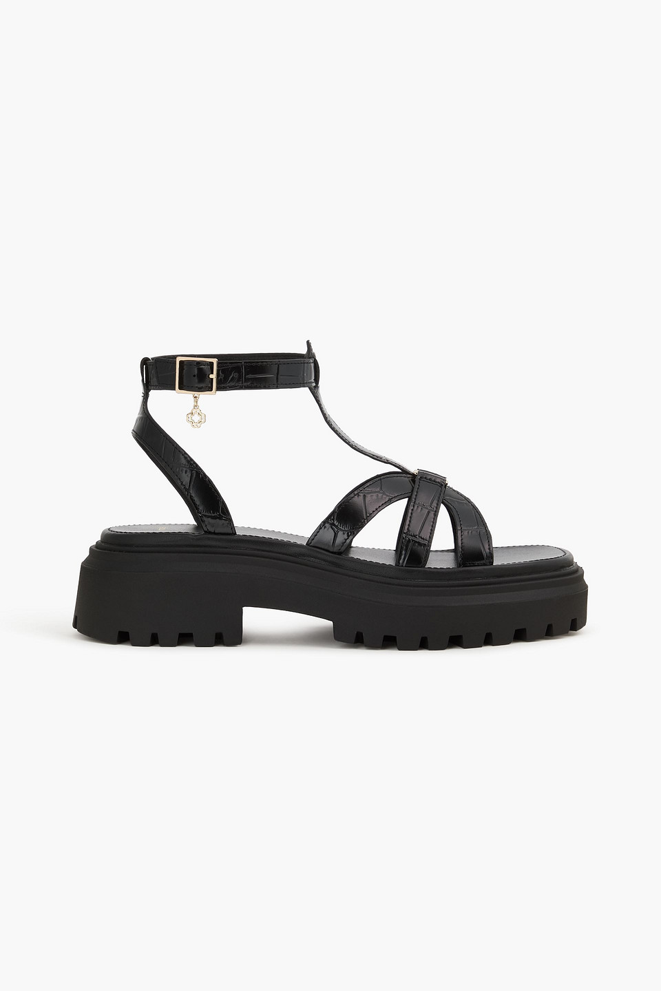 Maje Embellished Croc-effect Leather Sandals In Black