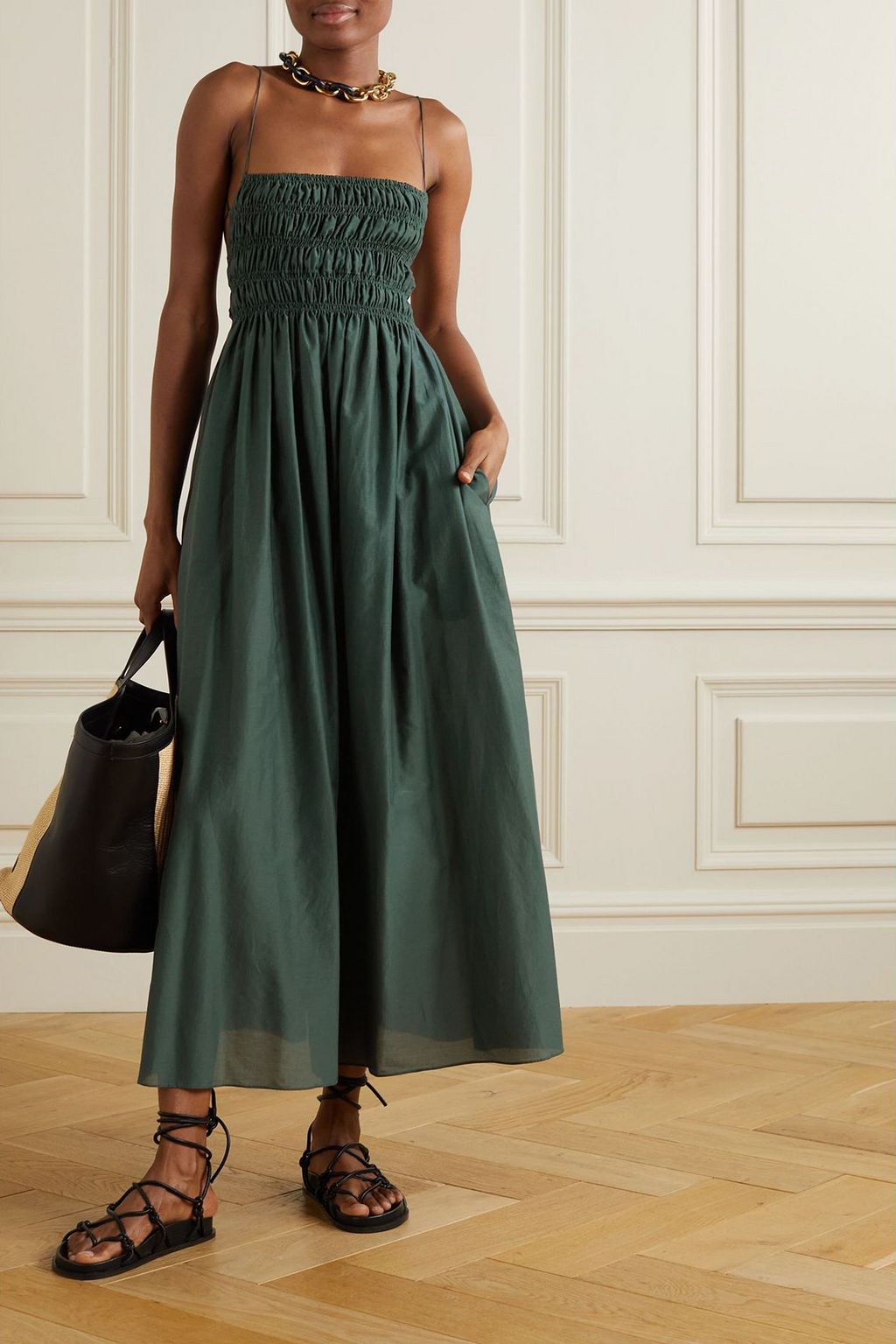 MATTEAU Shirred cotton and silk-blend maxi dress