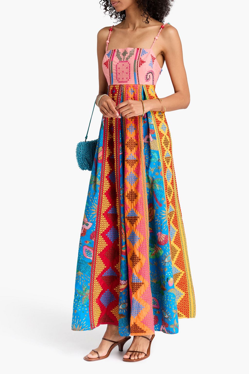 FARM RIO Embroidered printed cotton-poplin maxi dress