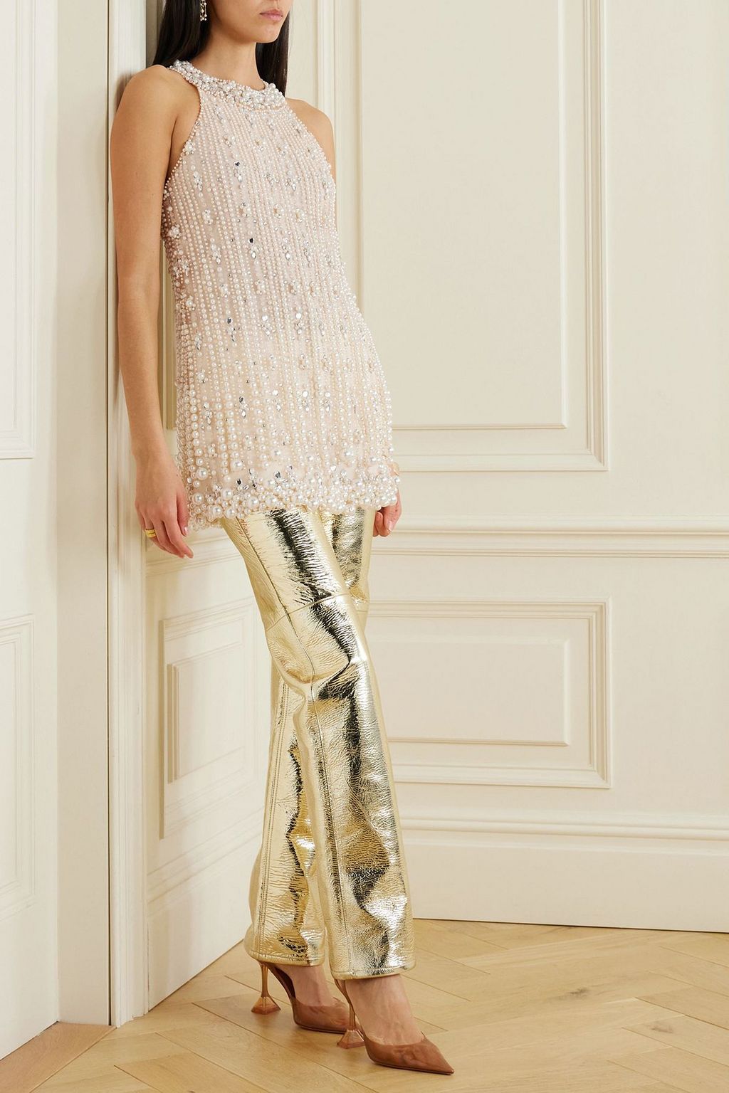 PATBO Faux pearl and crystal-embellished tulle tunic
