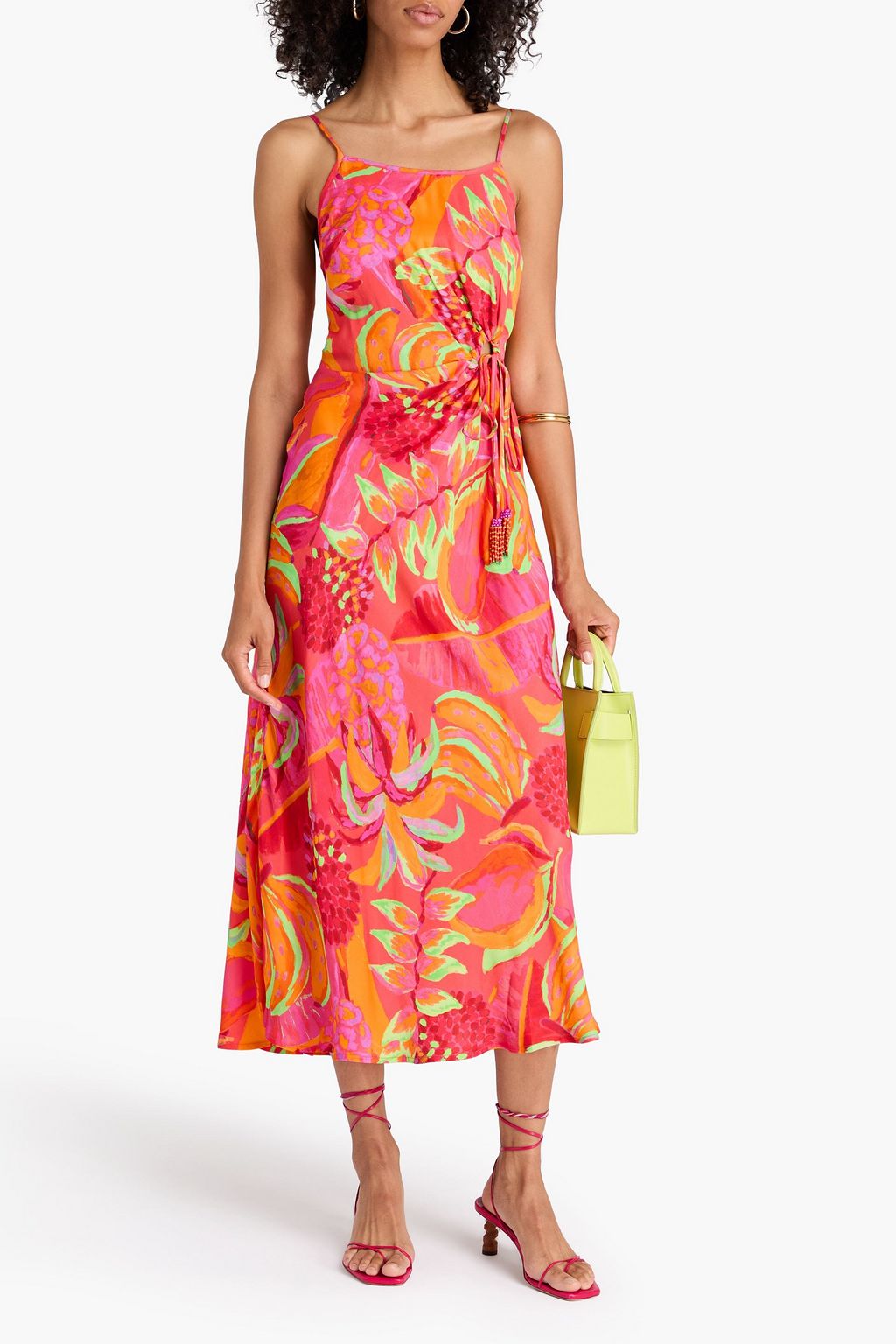 FARM RIO Bead-embellished printed satin midi dress