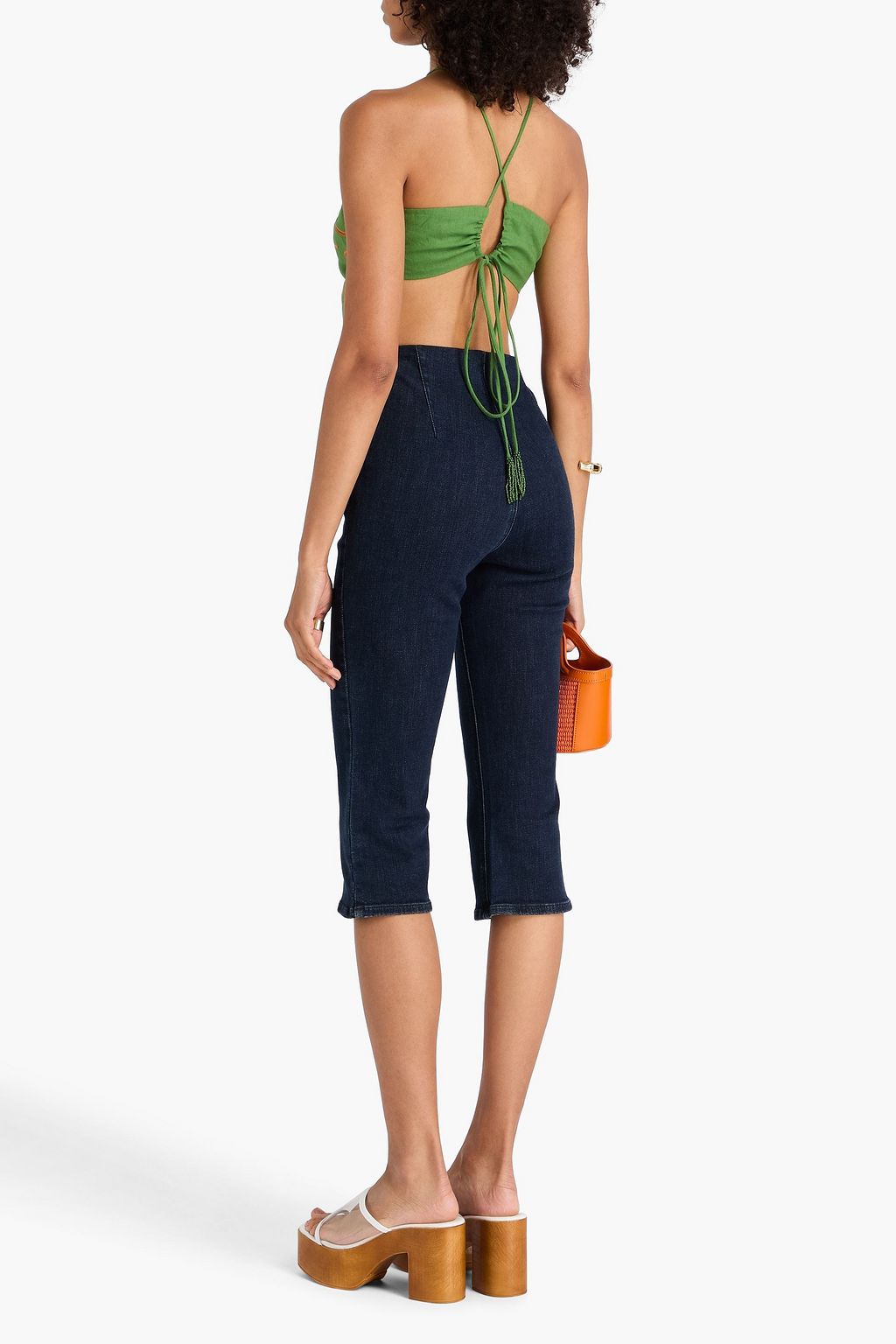 FARM RIO Monstera cropped embroidered linen-blend top
