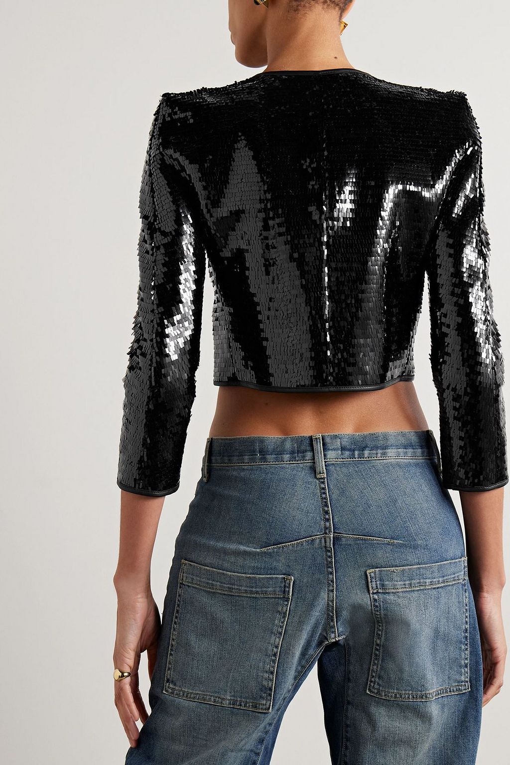 R13 Cropped leather-trimmed sequined twill jacket