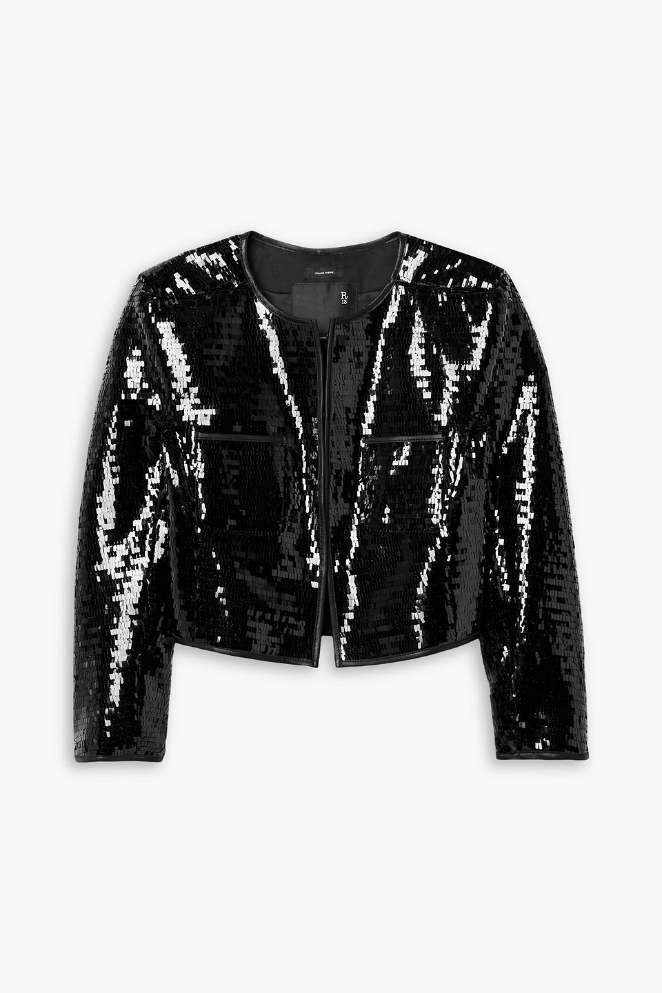 R13 Cropped Leather-trimmed Sequined Twill Jacket In Black