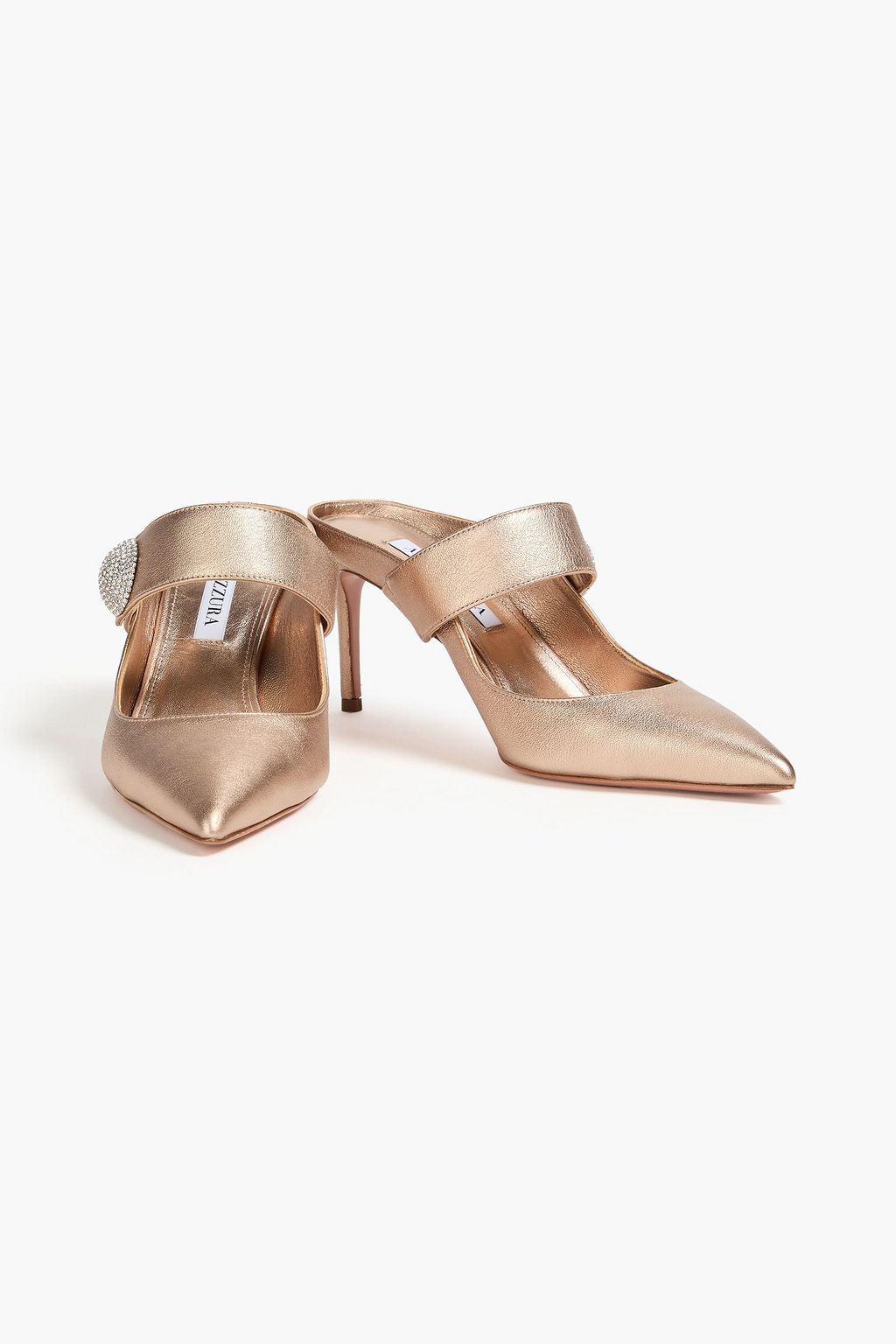 AQUAZZURA 마카롱 75 크리스털 장식 메탈릭 가죽 뮬