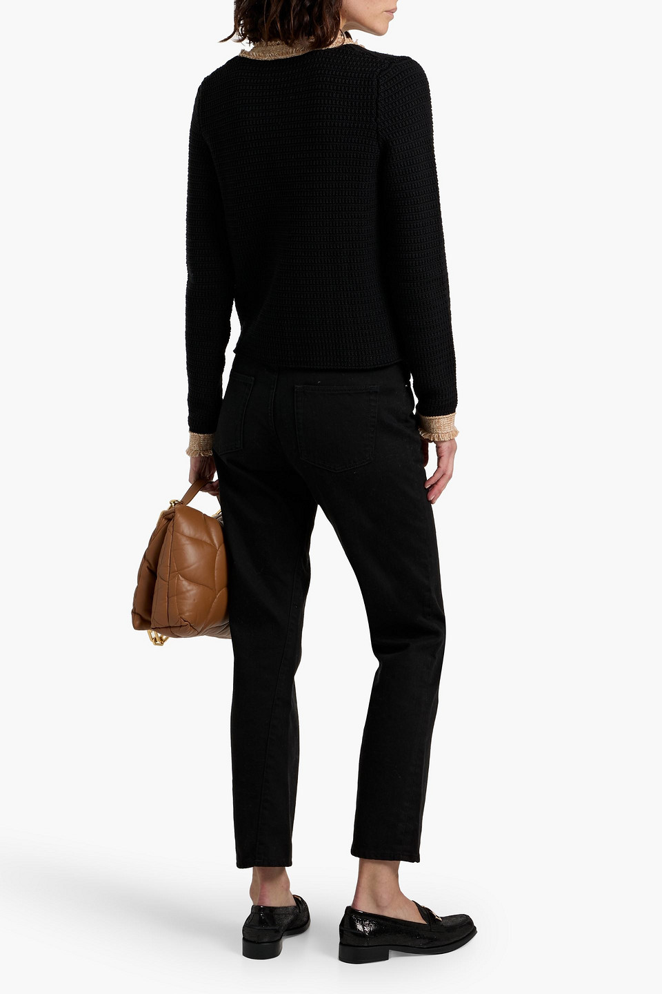 Autumn Cashmere Fringed Trimmed V-neck Jacket In Black Combo In Black
