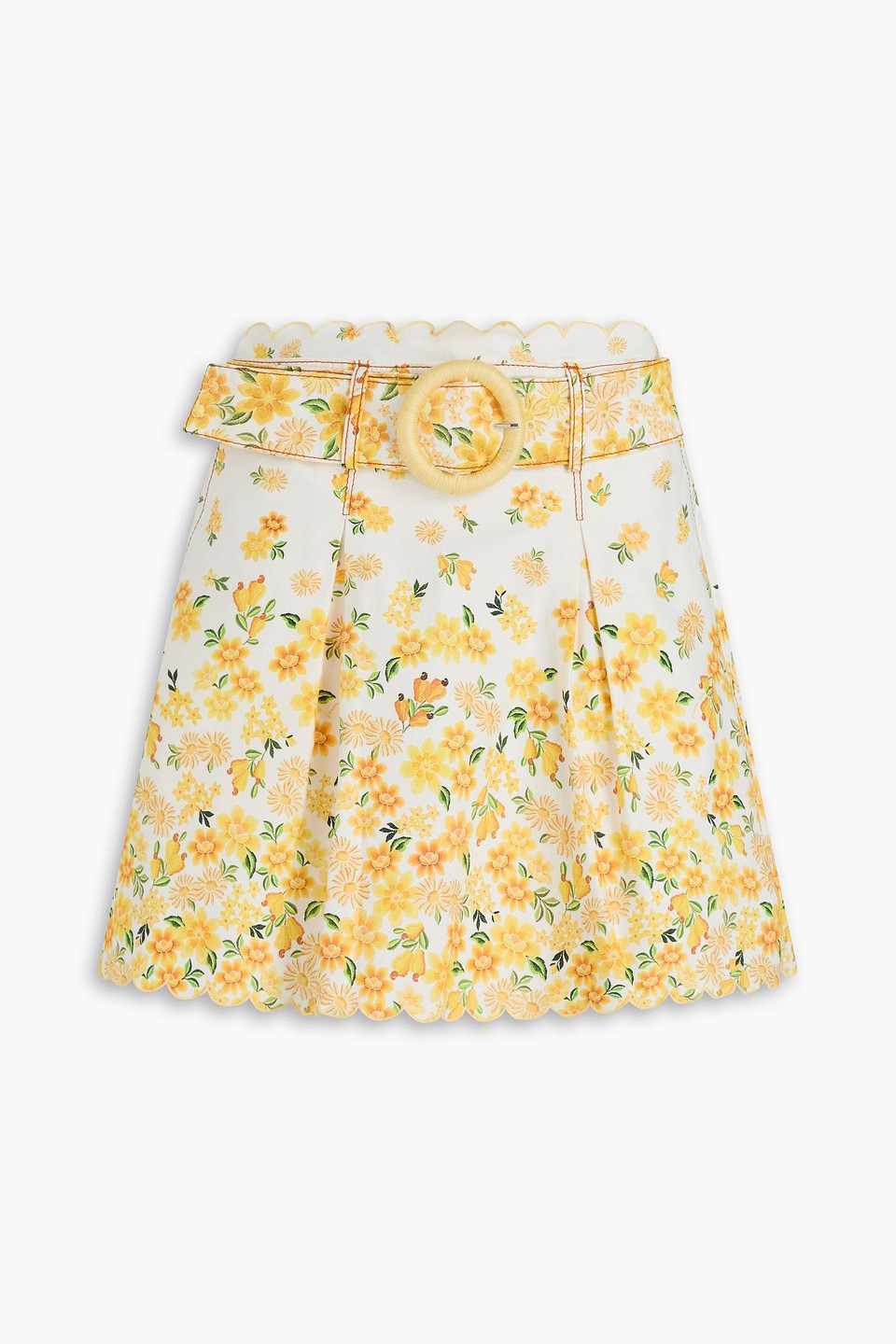 Farm Rio Belted Floral-print Denim Mini Skirt In Yellow