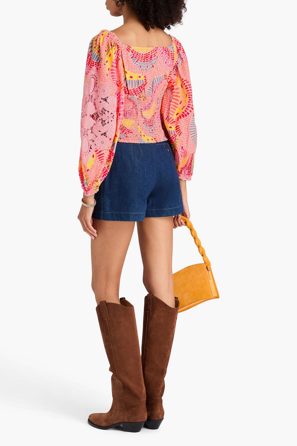 FARM RIO Cropped lace-paneled printed cotton-gauze top