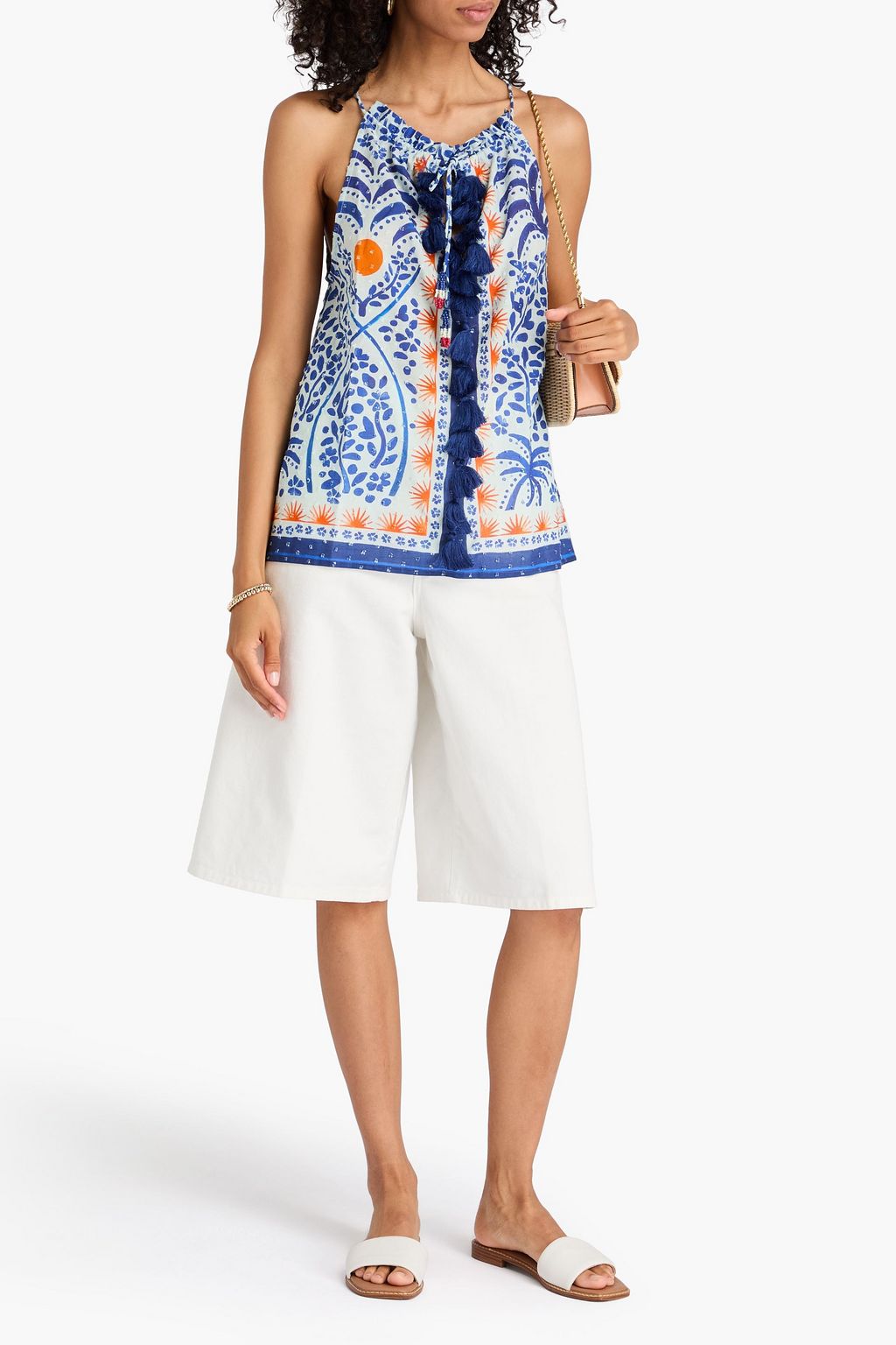 FARM RIO Printed Swiss-dot cotton top