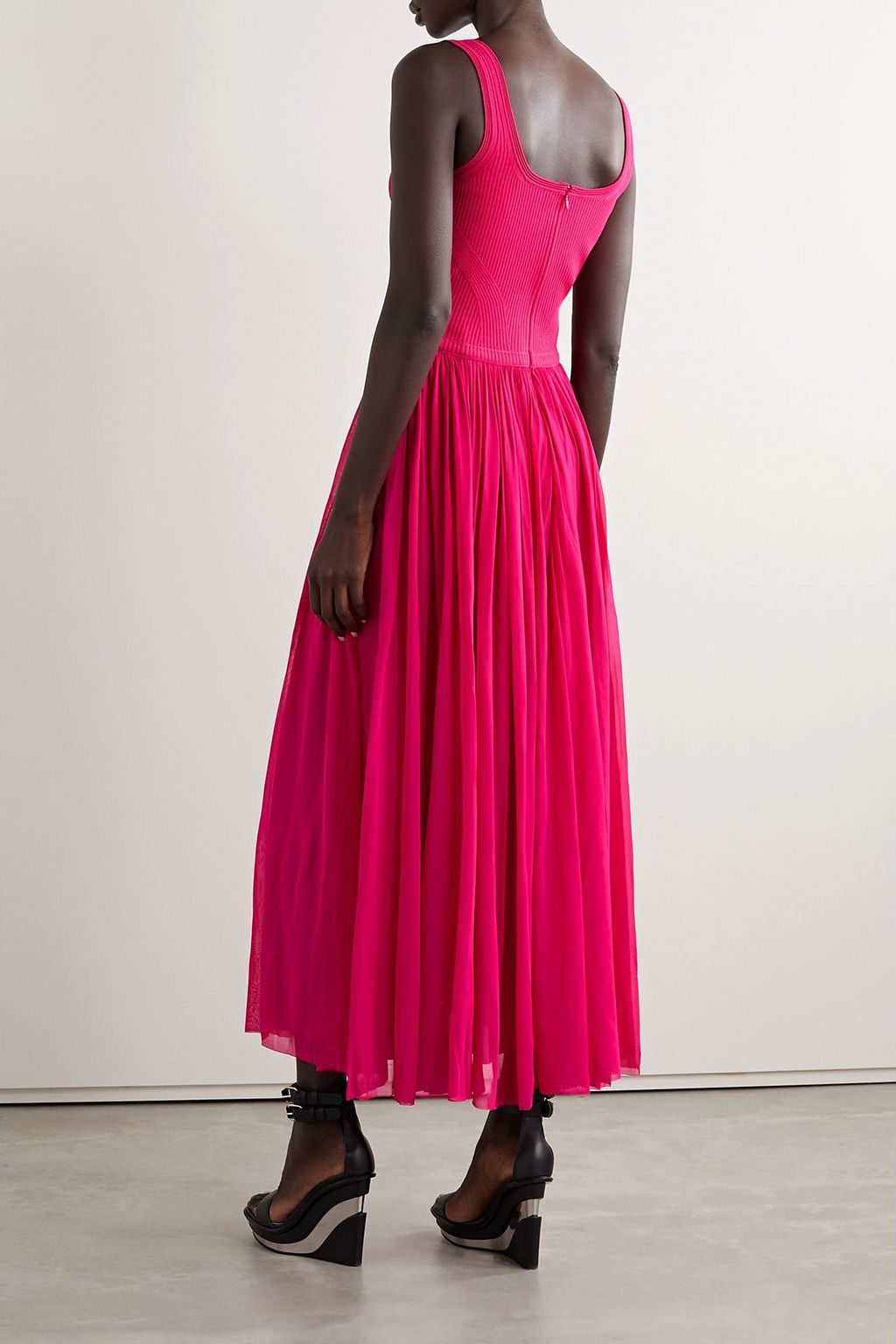 MCQUEEN Chiffon and ribbed-knit midi dress