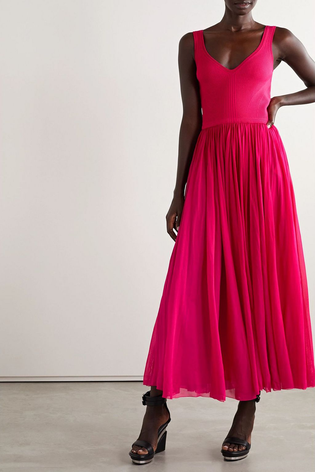MCQUEEN Chiffon and ribbed-knit midi dress