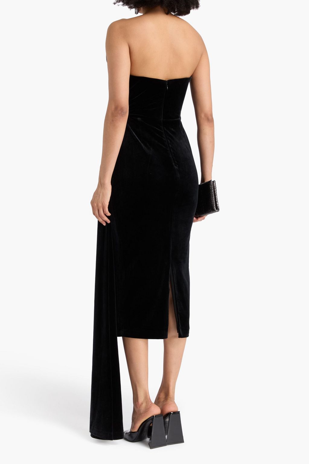 ALEX PERRY Strapless draped velvet midi dress