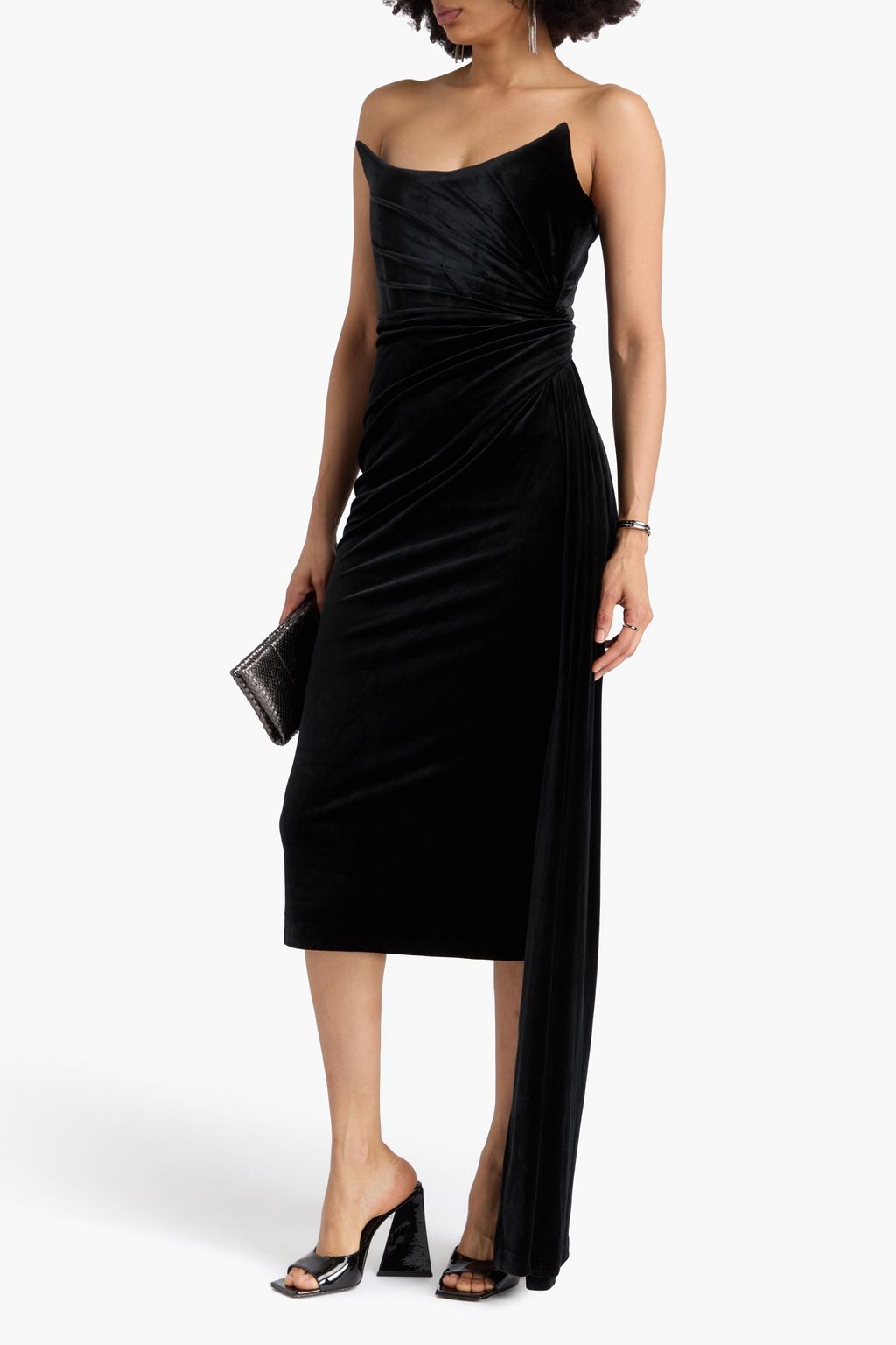 ALEX PERRY Strapless draped velvet midi dress
