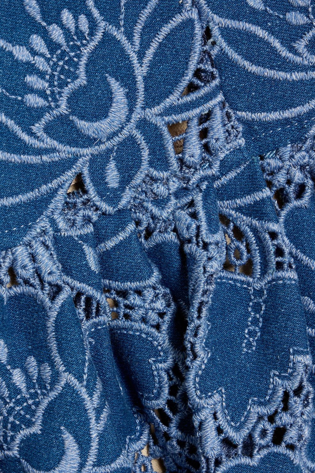 OSCAR DE LA RENTA Pleated guipure lace denim mini dress