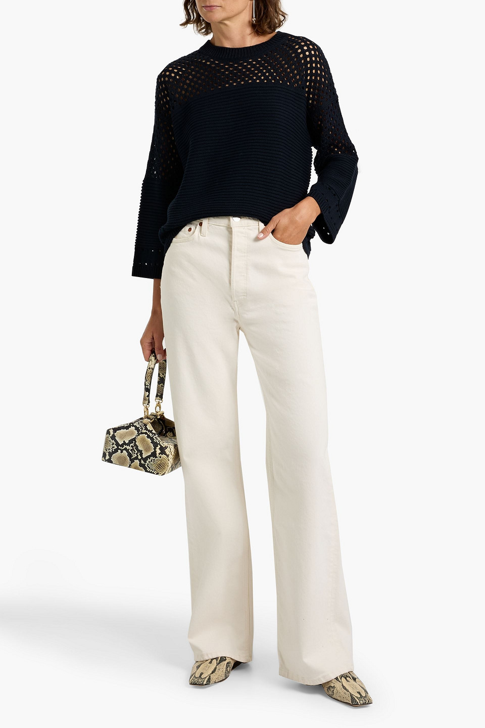 Autumn Cashmere Ribbed And Open-knit Cotton Sweater In Blue