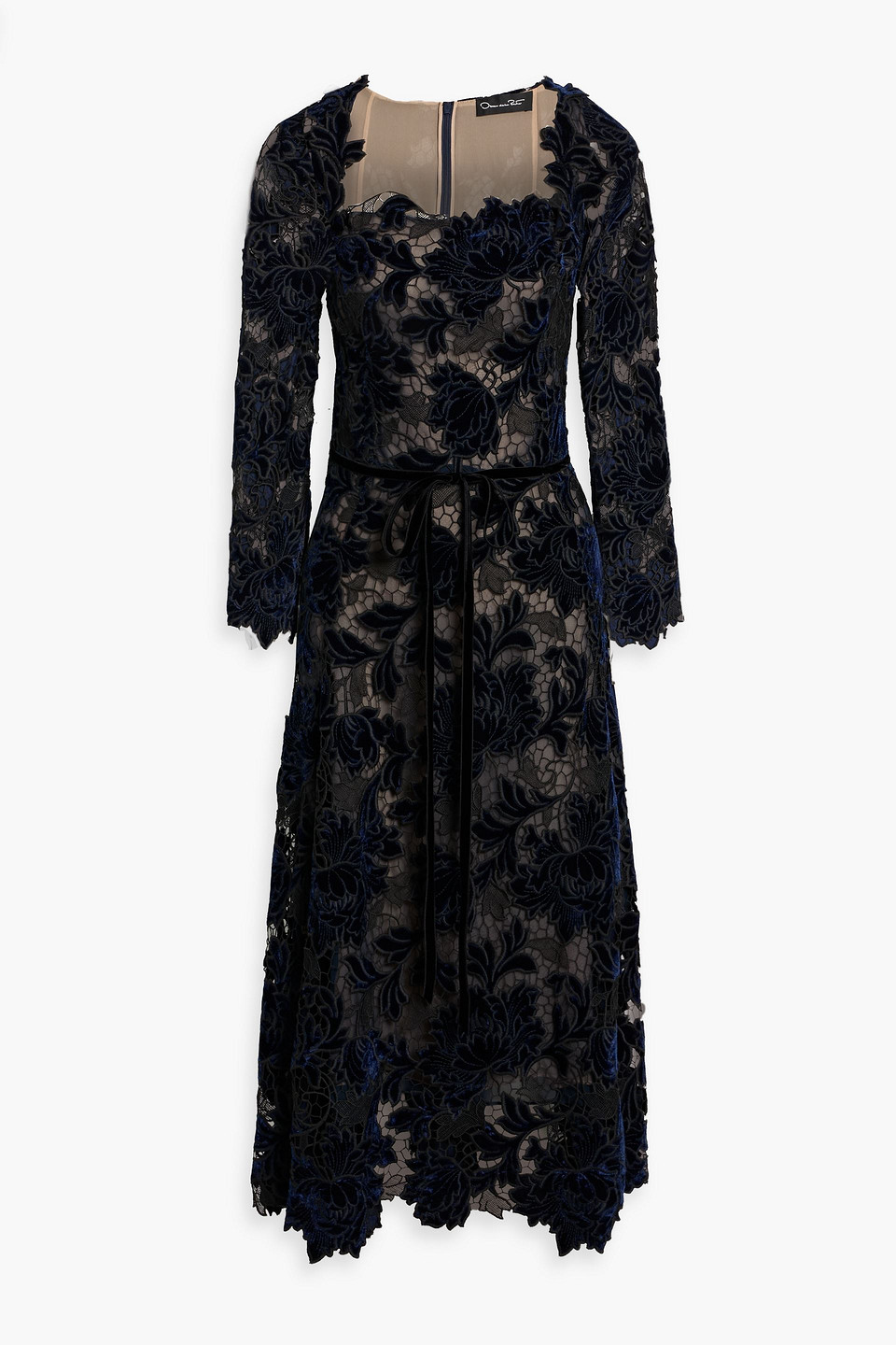 Oscar De La Renta Peony Velvet Guipure Midi Dress In Navy