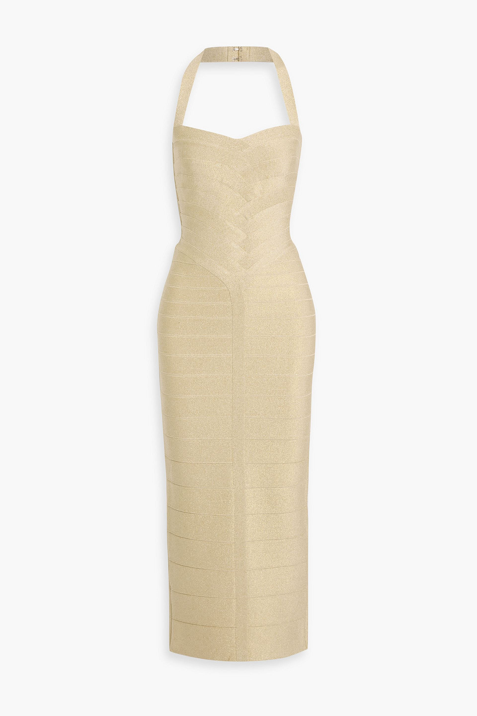 Herve Leger Iris Metallic Bandage Halterneck Gown In Gold