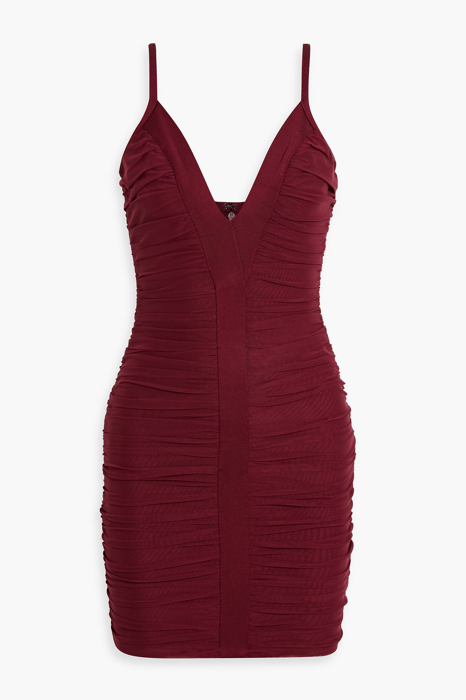 hervé léger - andrea ruched mesh mini dress - burgundy - m