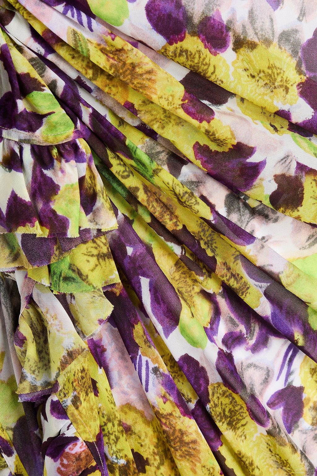 DRIES VAN NOTEN فستان متوسط الطول مكشكش ومكشوف الكتف من الشيفون المطبّع بالورود