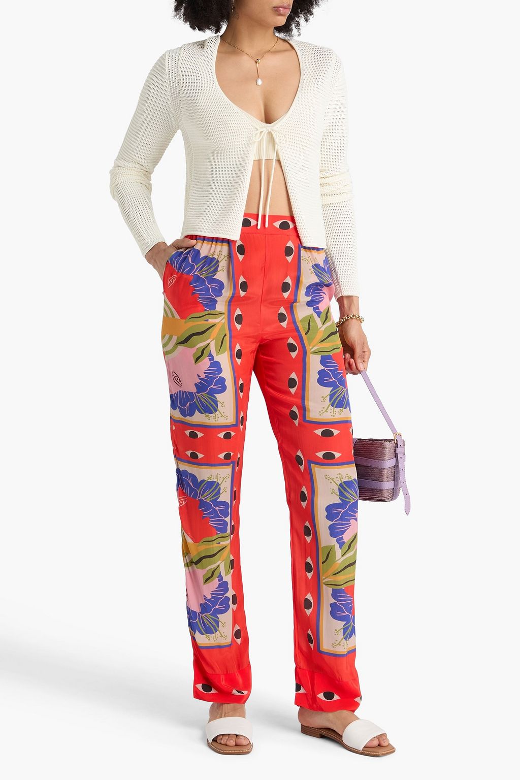 FARM RIO Printed satin-twill tapered pants