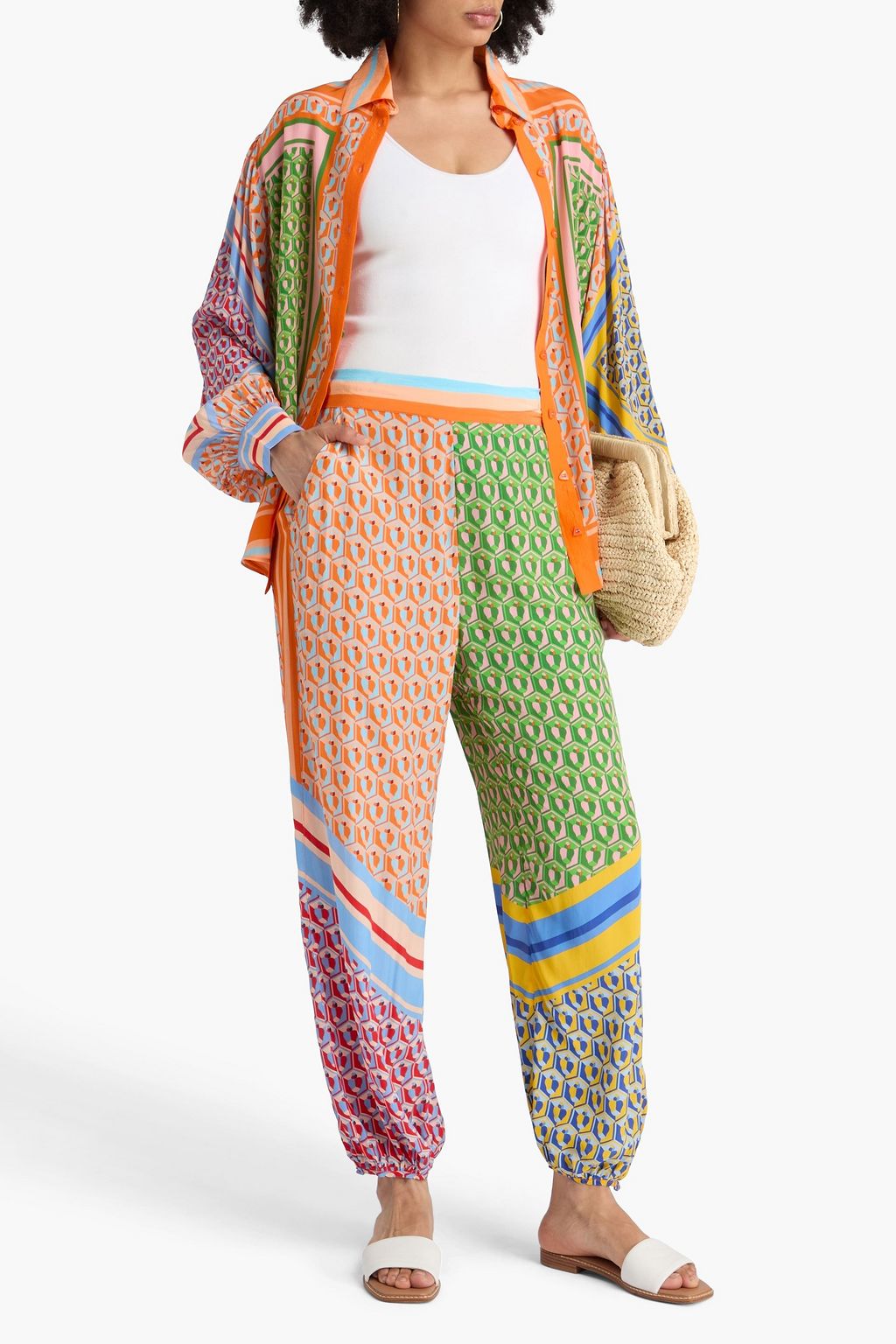 FARM RIO Printed crepe de chine tapered pants
