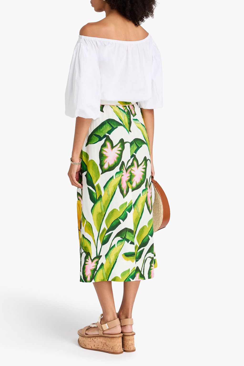 FARM RIO Printed linen-blend midi skirt