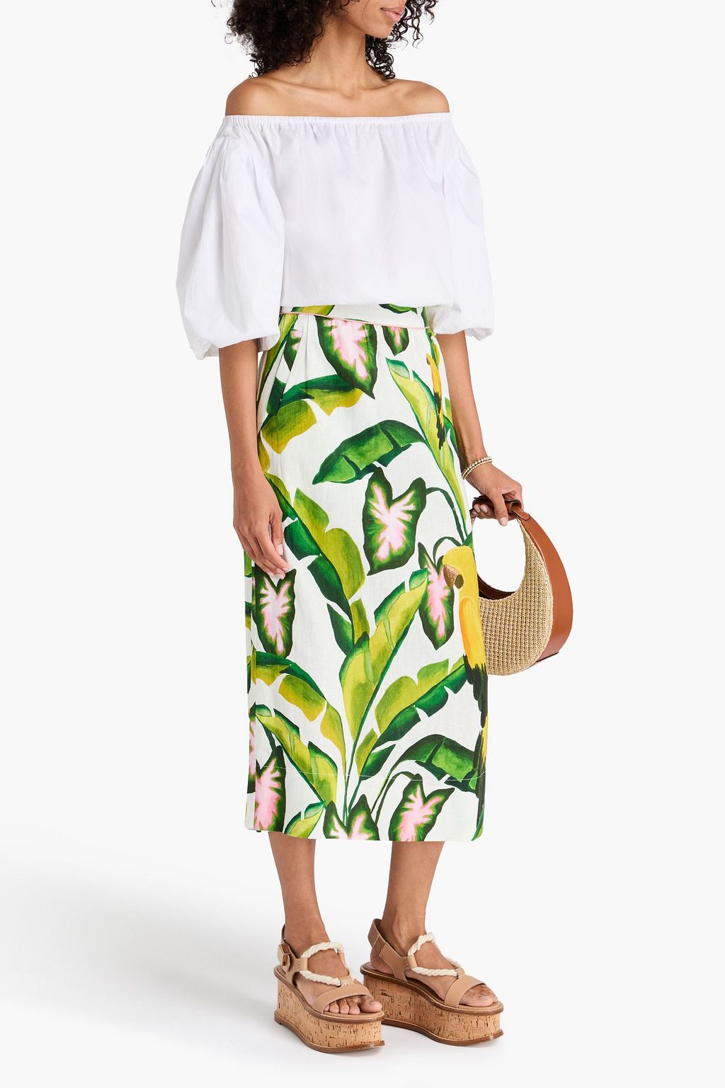 FARM RIO Printed linen-blend midi skirt