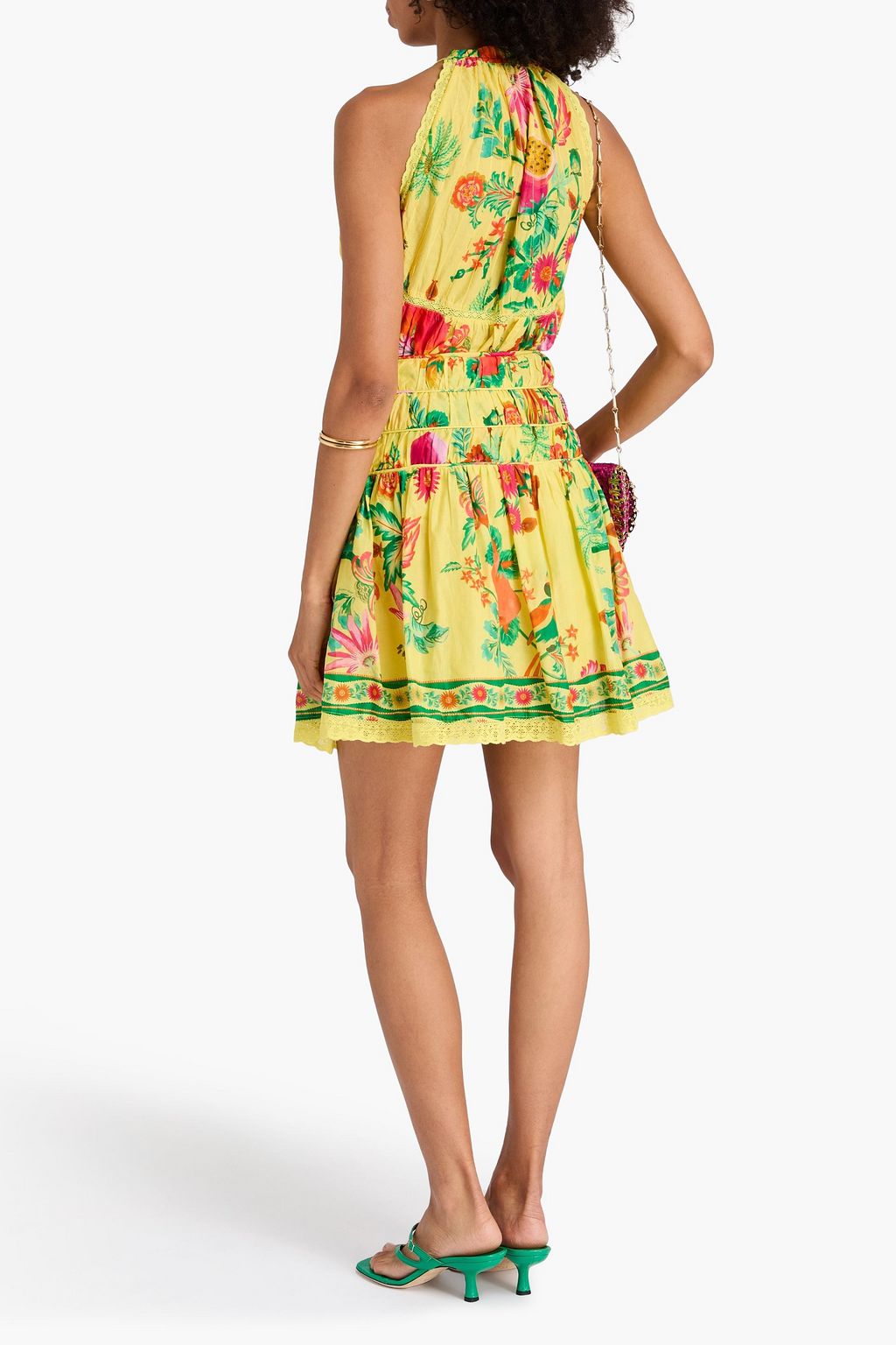 FARM RIO Lace-trimmed floral-print cotton mini skirt