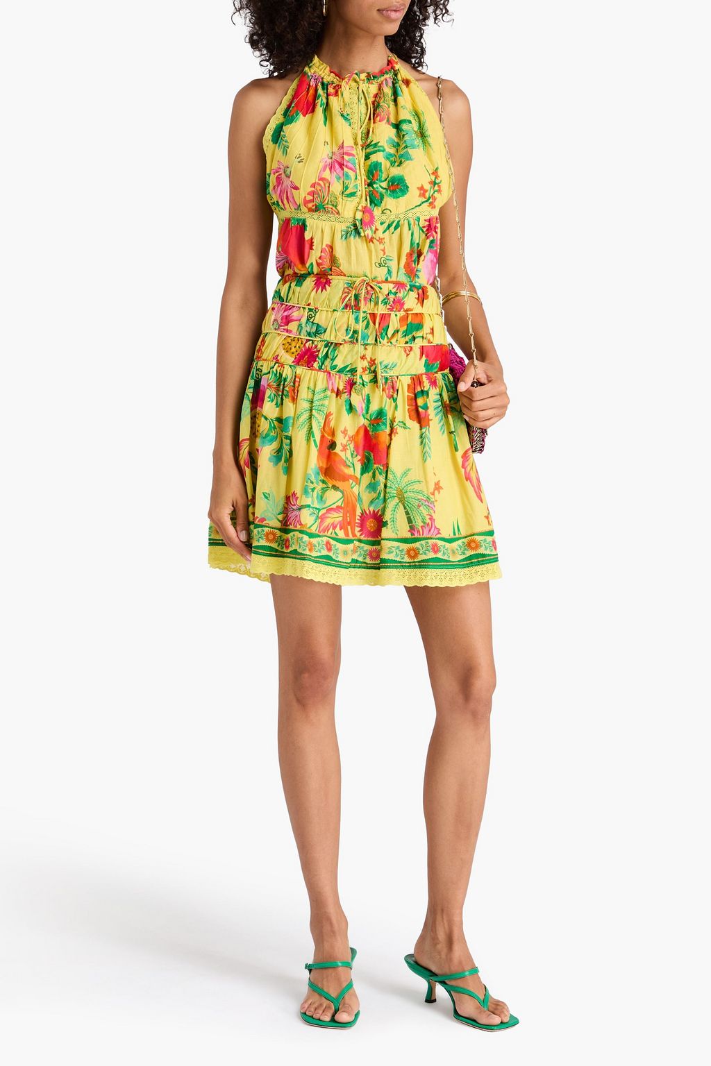FARM RIO Lace-trimmed floral-print cotton mini skirt