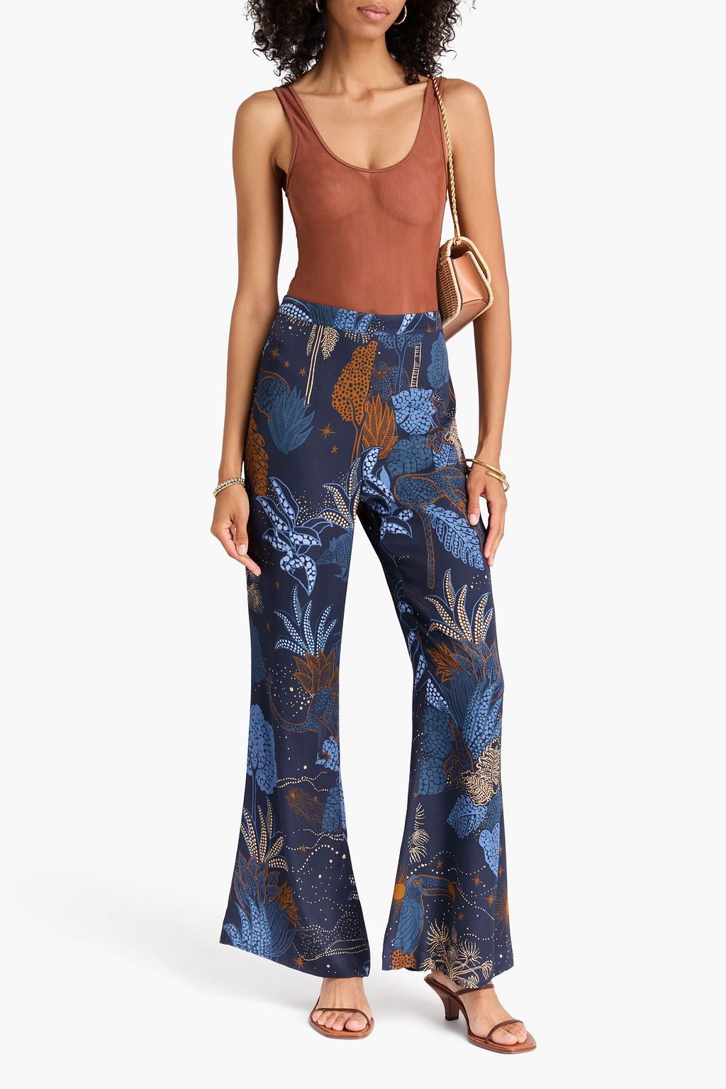 FARM RIO Printed satin-twill flared pants