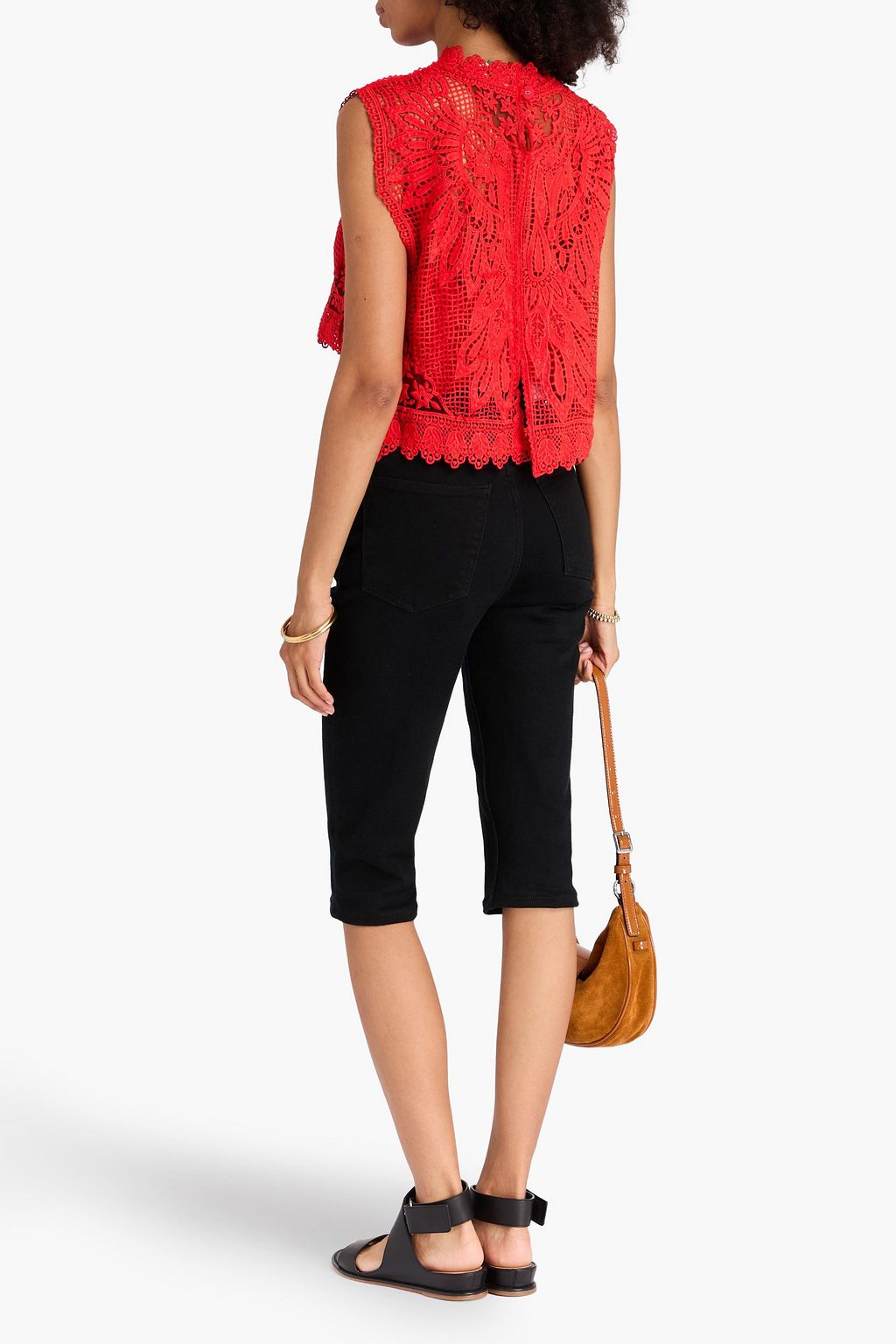 FARM RIO Toucan cropped macramé lace top